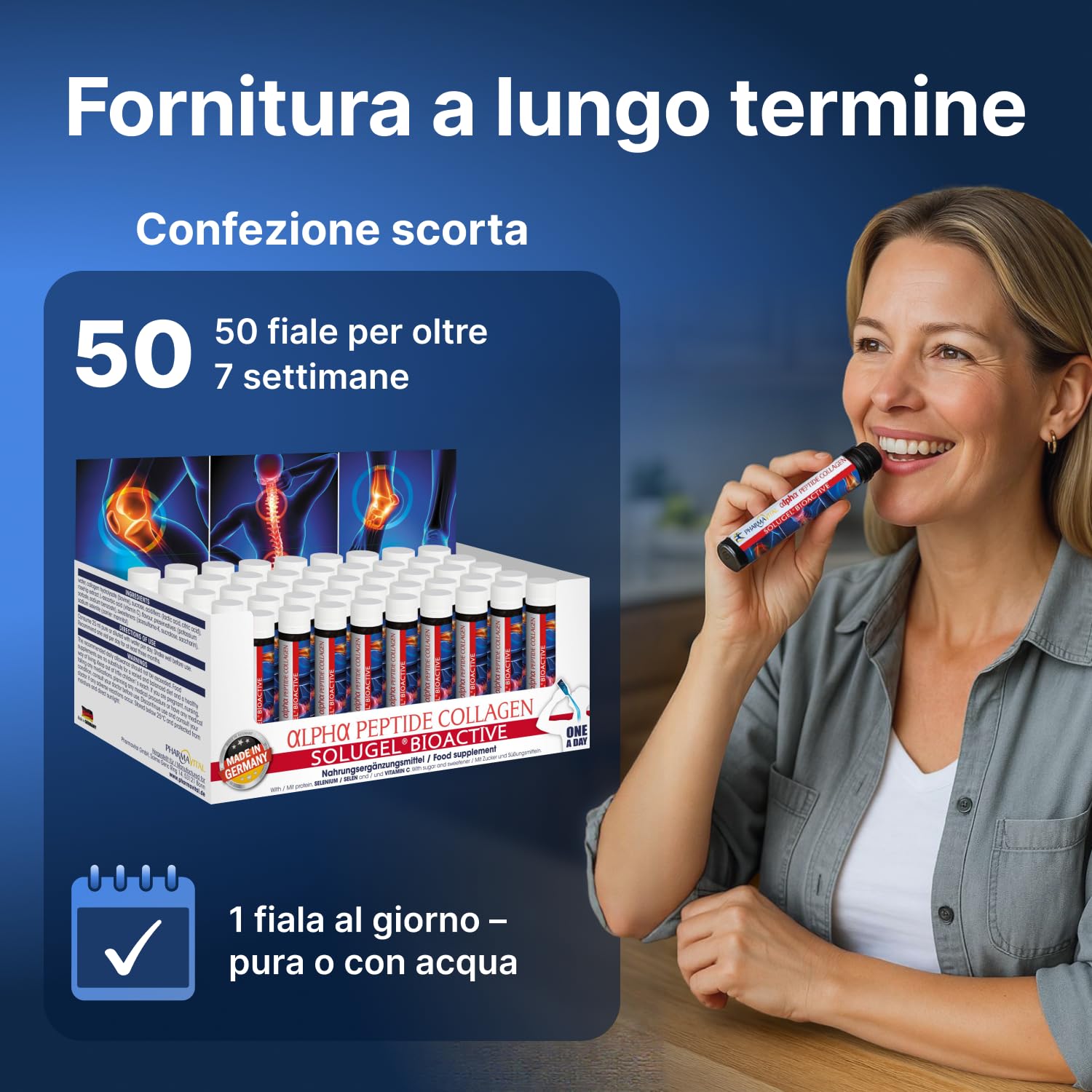 alfa peptide collagene, collagene premium, vitamina C, selenio, estratto di rosa canina 50 flaconi da 10.000 mg di idrolizzato di collagene SOLUGEL con peptidi bioattivi
