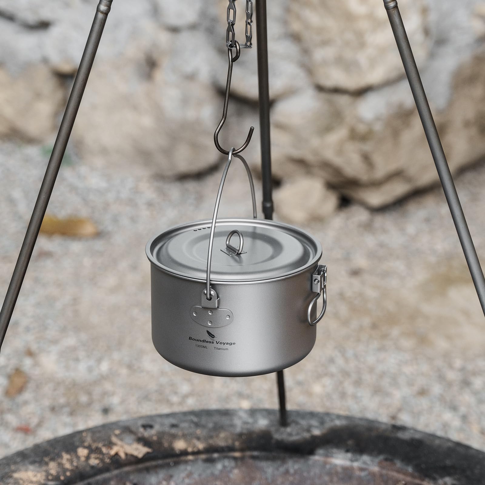 iBasingo Pot en Titane 1300ml Marmite à Soupe avec Couvercle Ustensiles de Cuisine d'extérieur Bol de Bouilloire léger