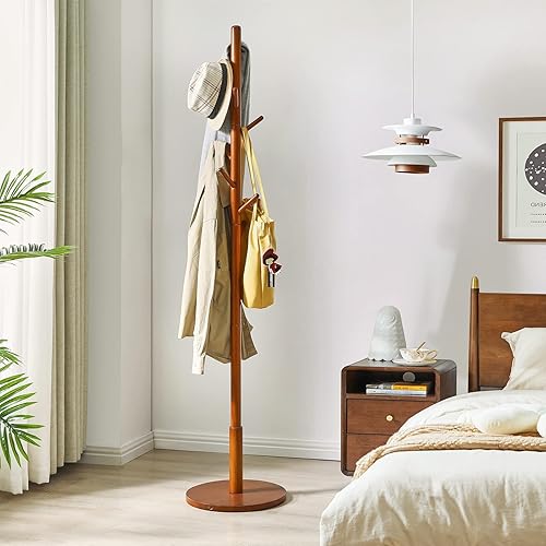 Miniatura 8 de IBUYKE Perchero independiente con base redonda sólida y 8 ganchos, perchero de madera de fácil montaje, perchero para pasillo, entrada, sala de