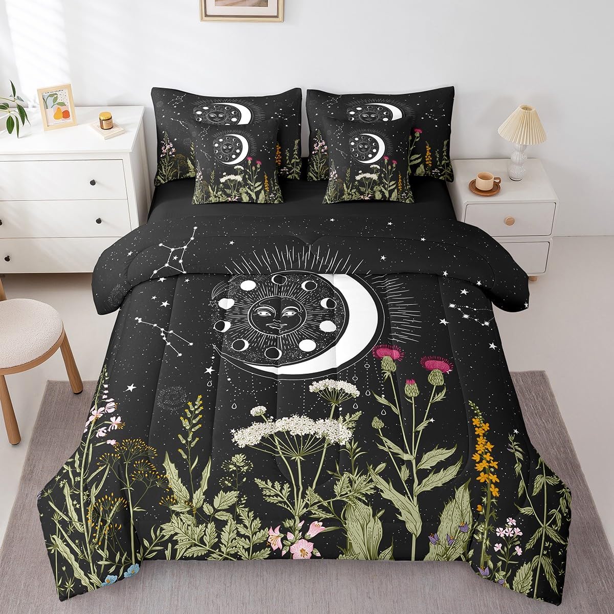 Sun Moon Kids Queen Size Comforter Set with Sheets Stars Space Psychedelic 7 Piece Bedding Set Teens Black and White Galaxy Bed in a Bag Botanical Branches Constellations Bed Set with 2 Pillowcases
