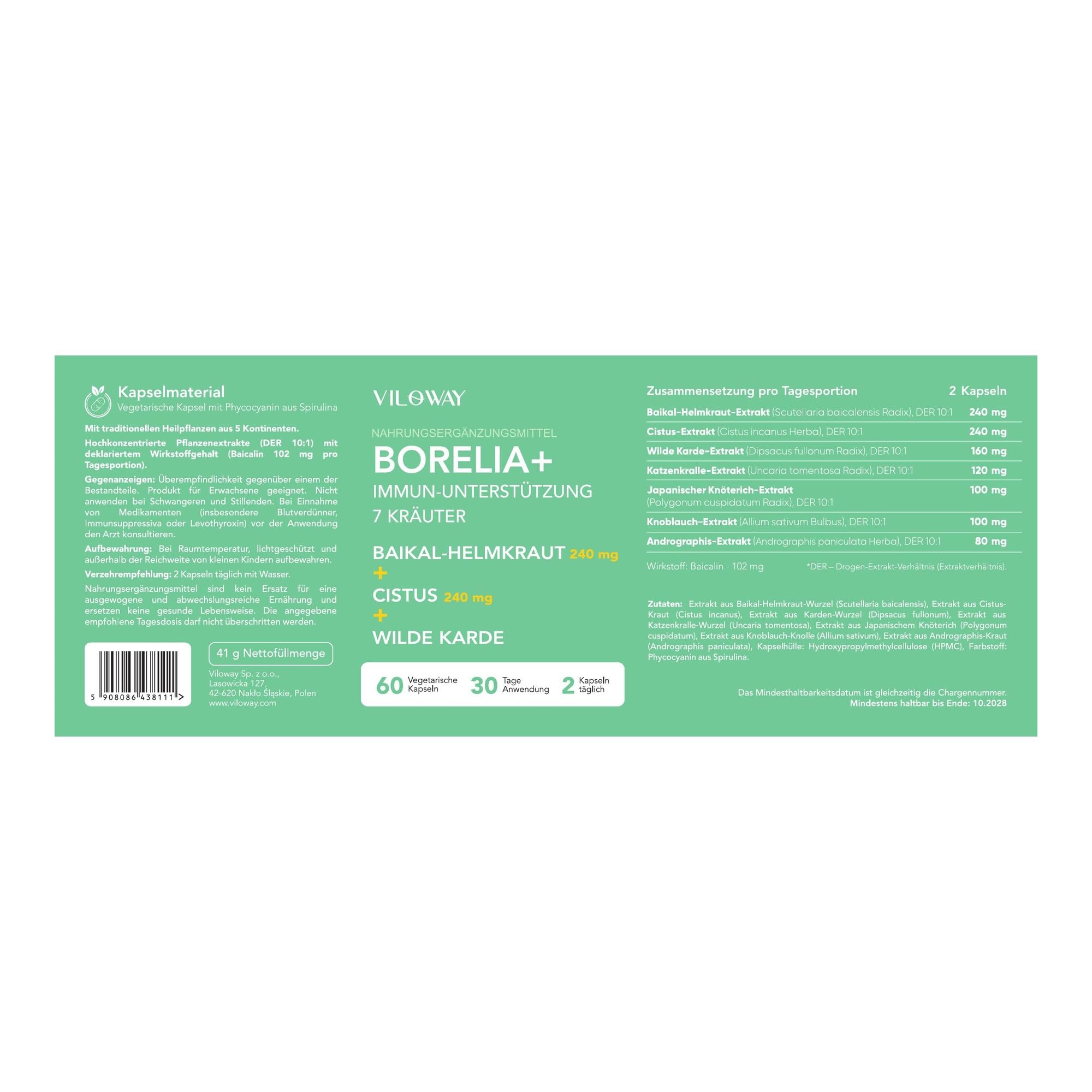 Borelia+ 7-Kräuter Komplex hochdosiert - Zistrose, Baikal-Helmkraut, Andrographis, Katzenkralle, Wilde Karde & Polygonum - DER 10:1 Extrakte mit Baicalin - 60 vegane Kapseln