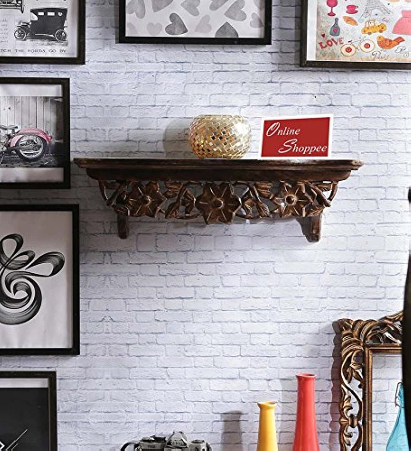 Onlineshoppee Wooden Hand Carved Wall Shelf (Brown)