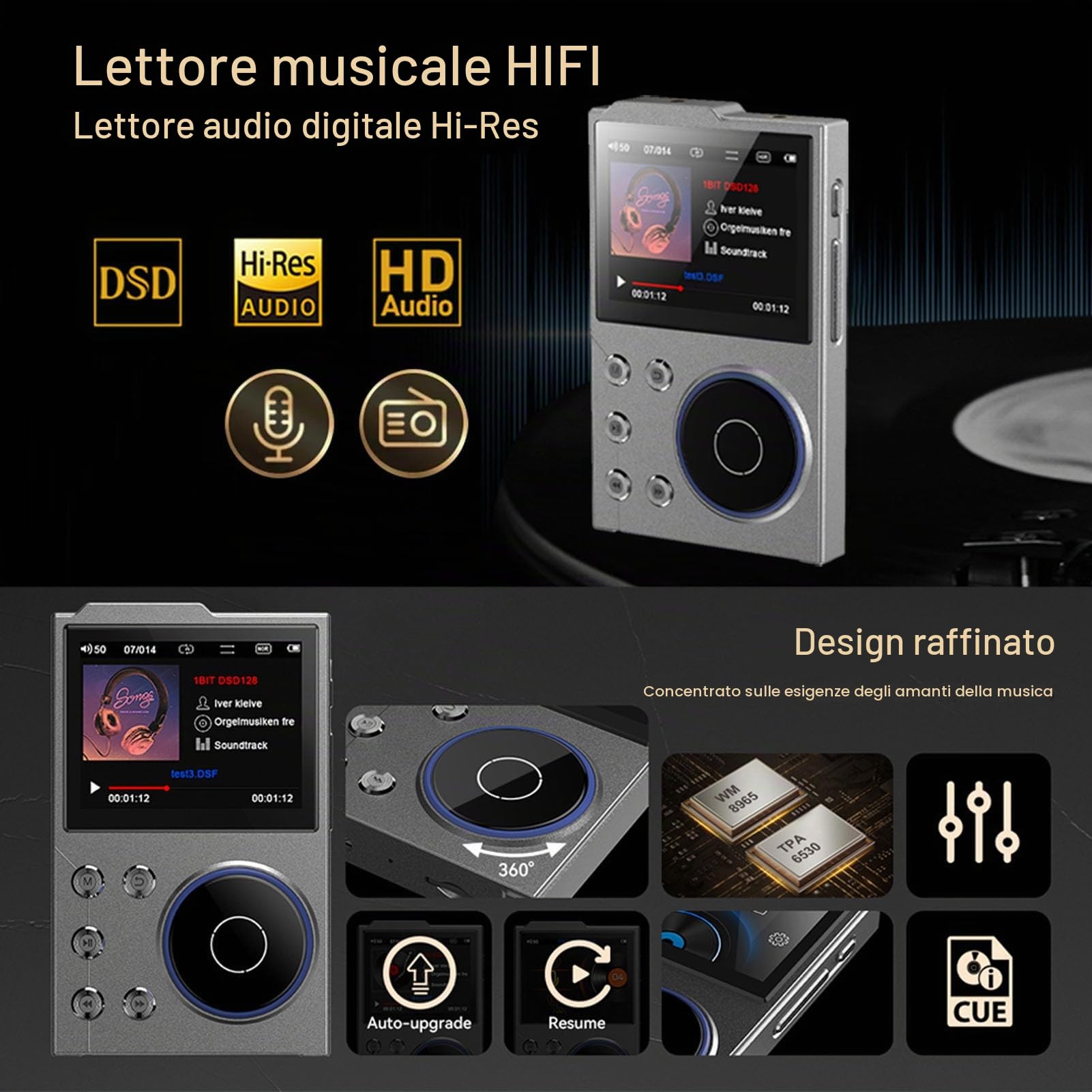 HIFI MP3 Player, Bluetooth 5.3 HD Digital Music Player DSD Senza Perdita di Perdita DSD FLAC con 2,4 Nella Schermata di Display HD, Archiviazione Espandibile per Lettore Audio Ad