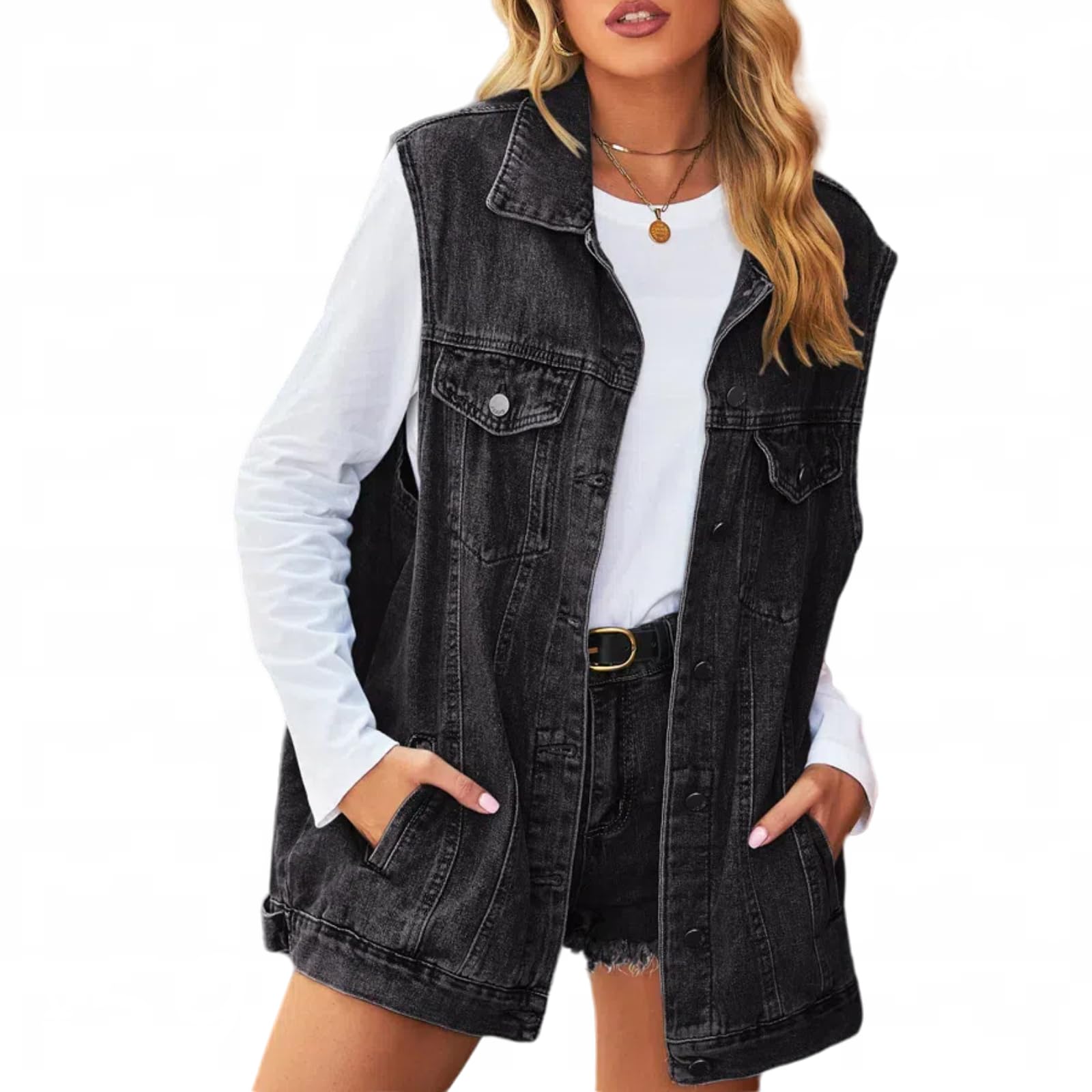 Damen Lose Casual Klassische Denim Jacke Ärmellose Knopf Denim Weste Jacken