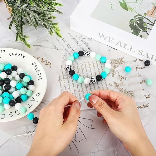 Miniatura 4 de Whaline 105 cuentas de silicona con estampado de vaca con cuerda de 0.472 pulgadas, cuentas redondas azules y negras, cuentas de goma con estampado