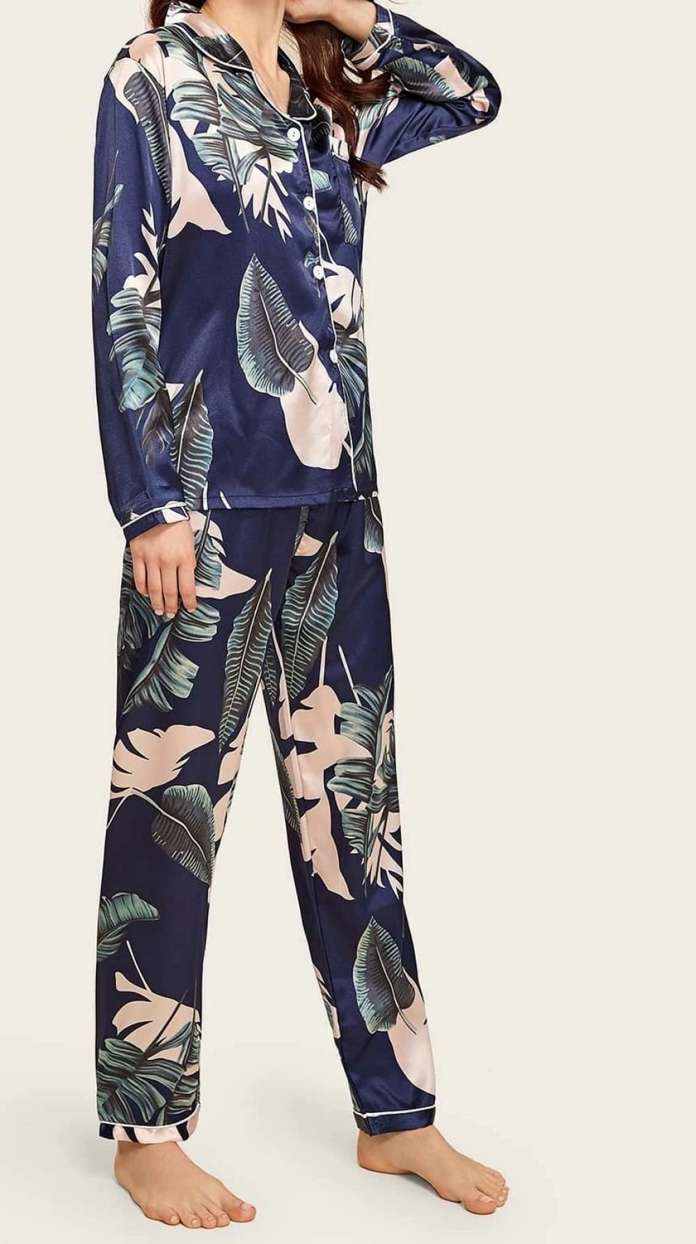 Pijamas para Mujer Conjunto De Pijama De Poliéster con Estampado De Solapa Azul Marino para Mujer Conjunto De Pijama De Manga Larga Cómodo Y Regular para Mujer Regalo De Festival De Dos Piezas Ade