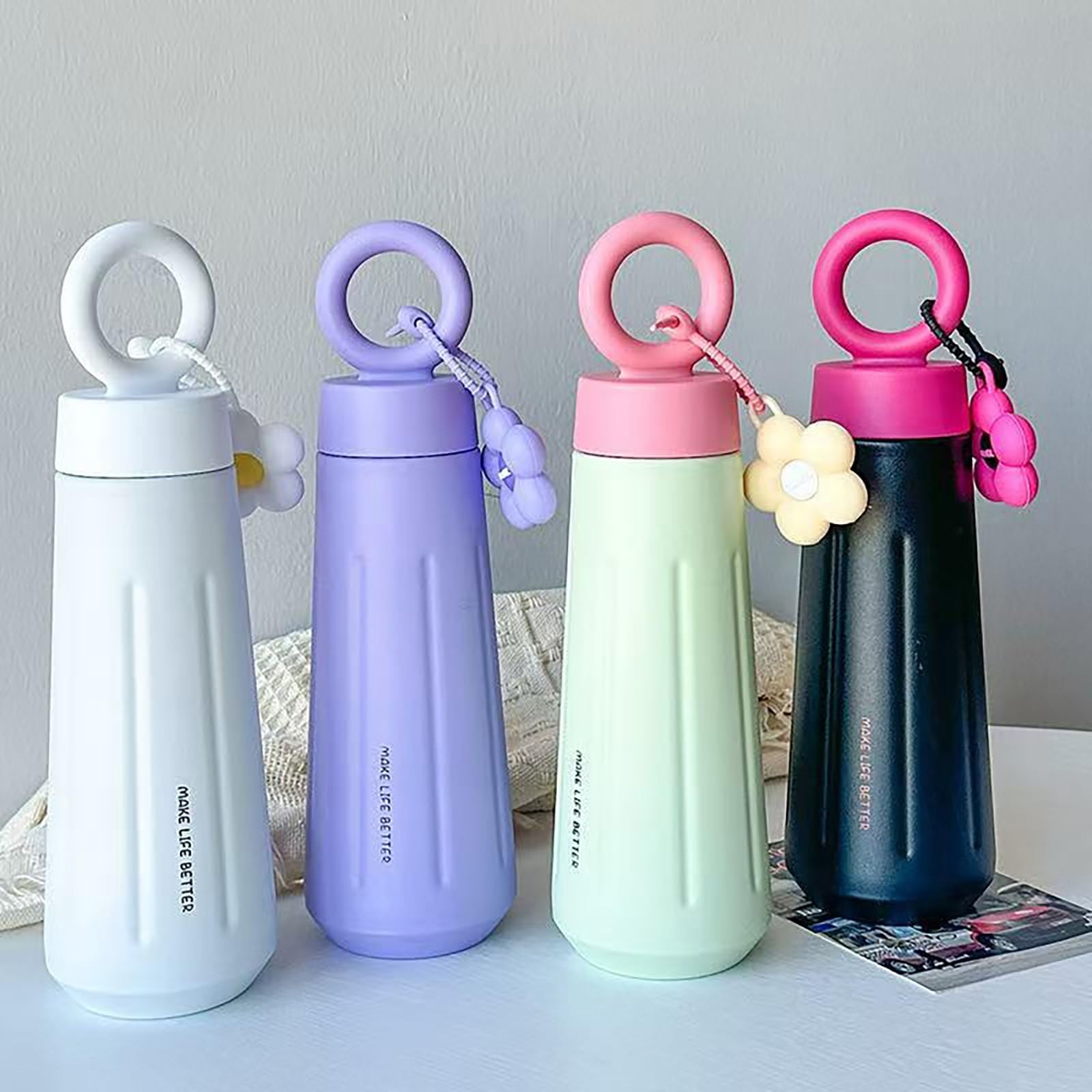 Botella unisex 450ML, con colgante de girasol 316 acero inoxidable aislado vacío deportes botella de agua