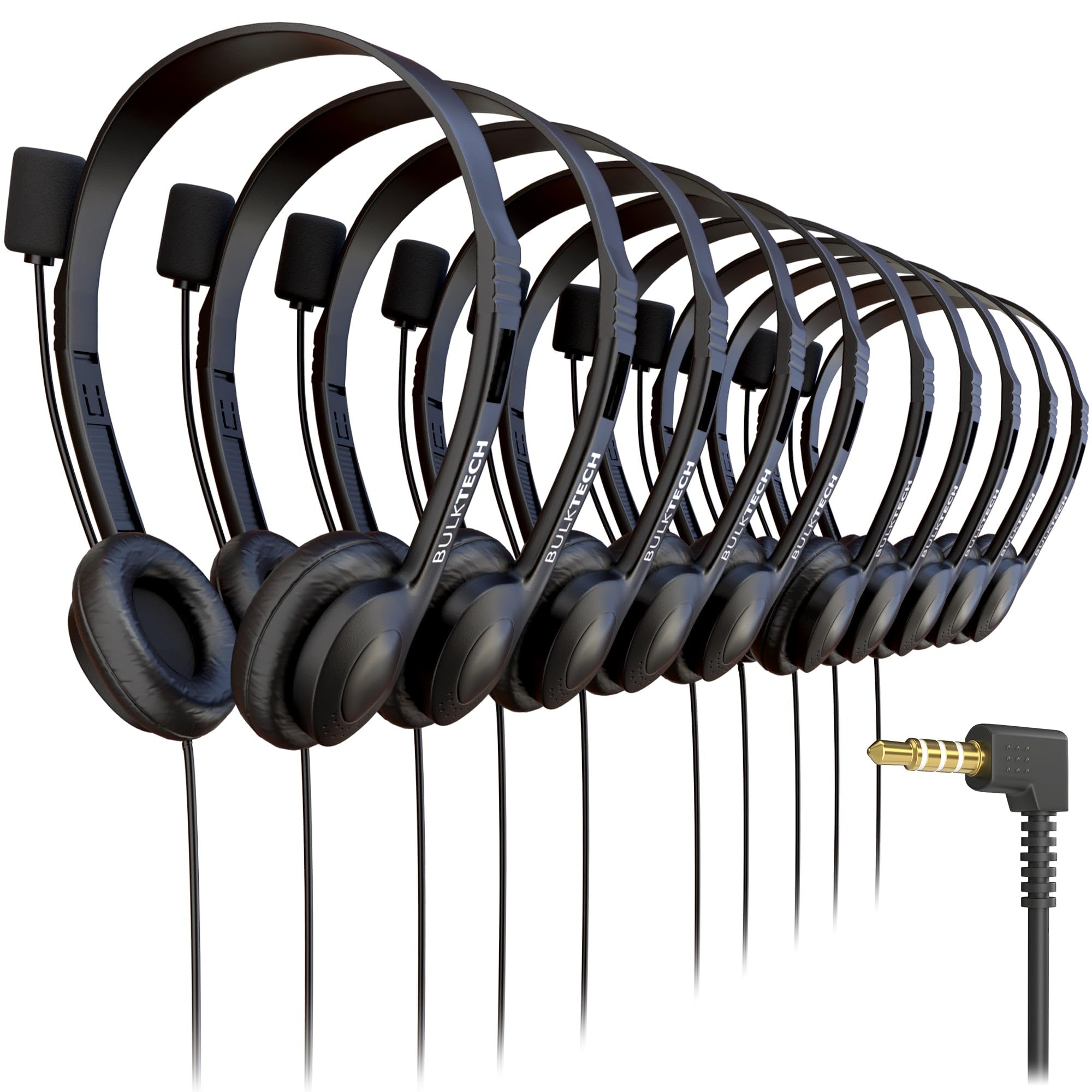 300 Pack Bulk Wired On-Ear Leather Headsets with Boom Microphone and 3.5mm Connector, Black