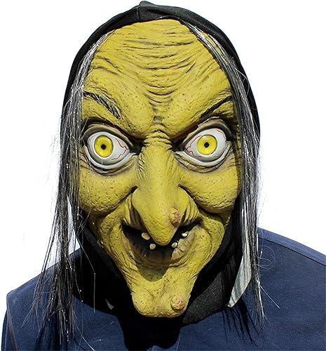 Máscara de bruja de mujer vieja de terror para Halloween, máscara de látex espeluznante para cabeza completa con cabello disponible en Yaxa El Salvador