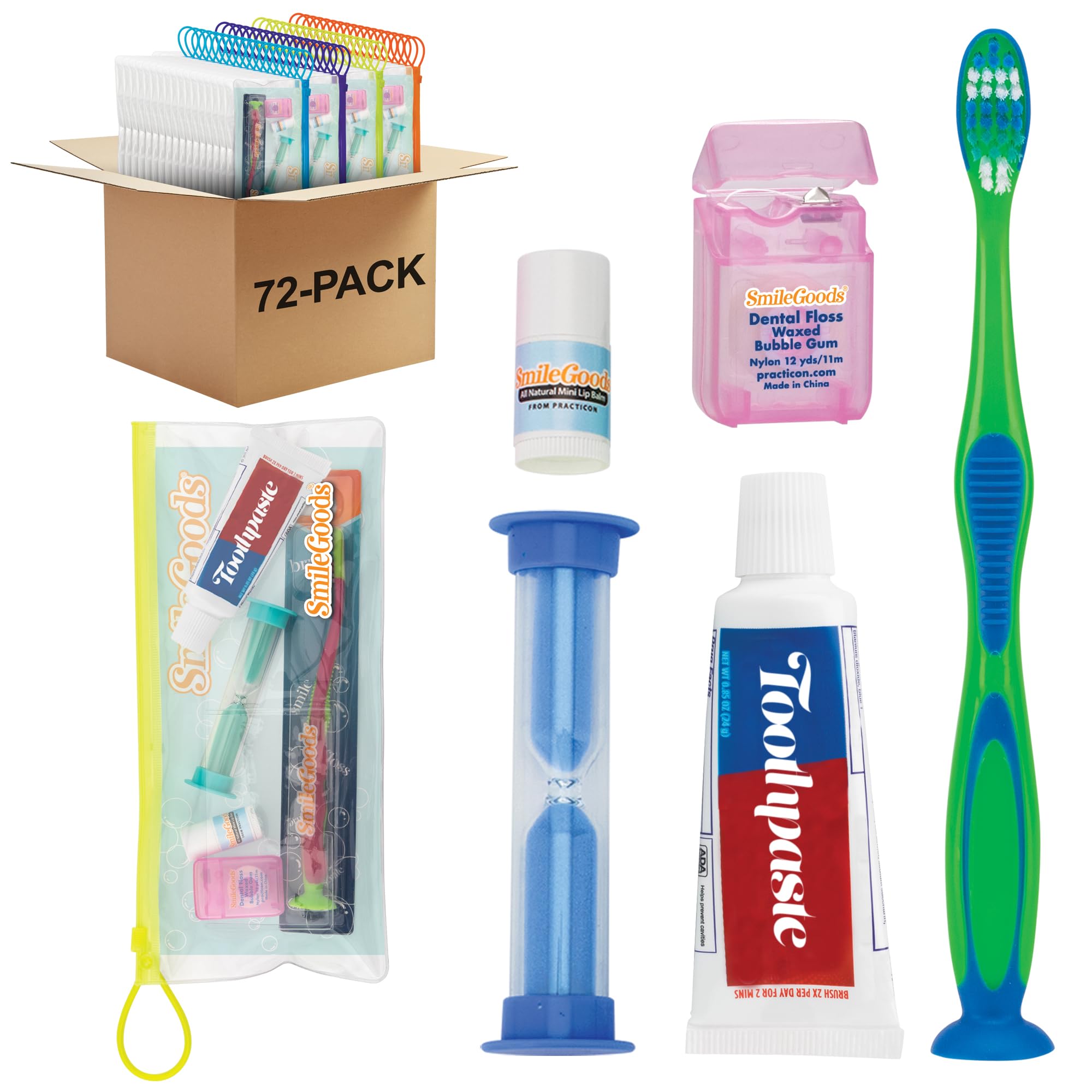 SmileGoods - Kit de cuidado dental infantil de lujo con cepillo de dientes, pasta de dientes, hilo dental, temporizador de arena y bálsamo labial, paquete de 72