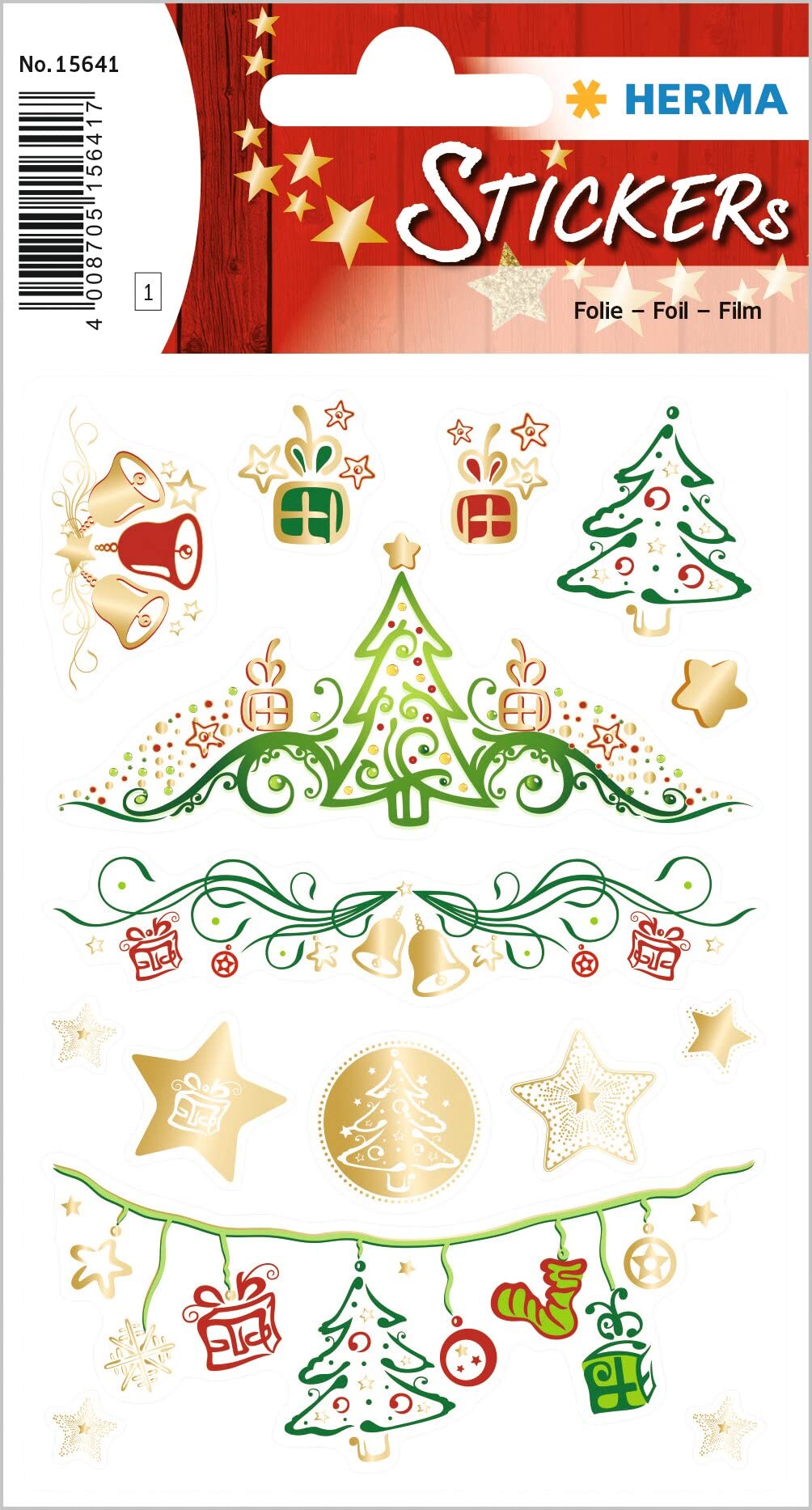 HERMA 15641 Stickers Christmas Motifs Gold, Pack of 15, Christmas Stickers with Christmas Bauble Stars Motif, Children's Labels for Christmas Decoration, Gifts, Advent Calendar, Decoration, Letters,