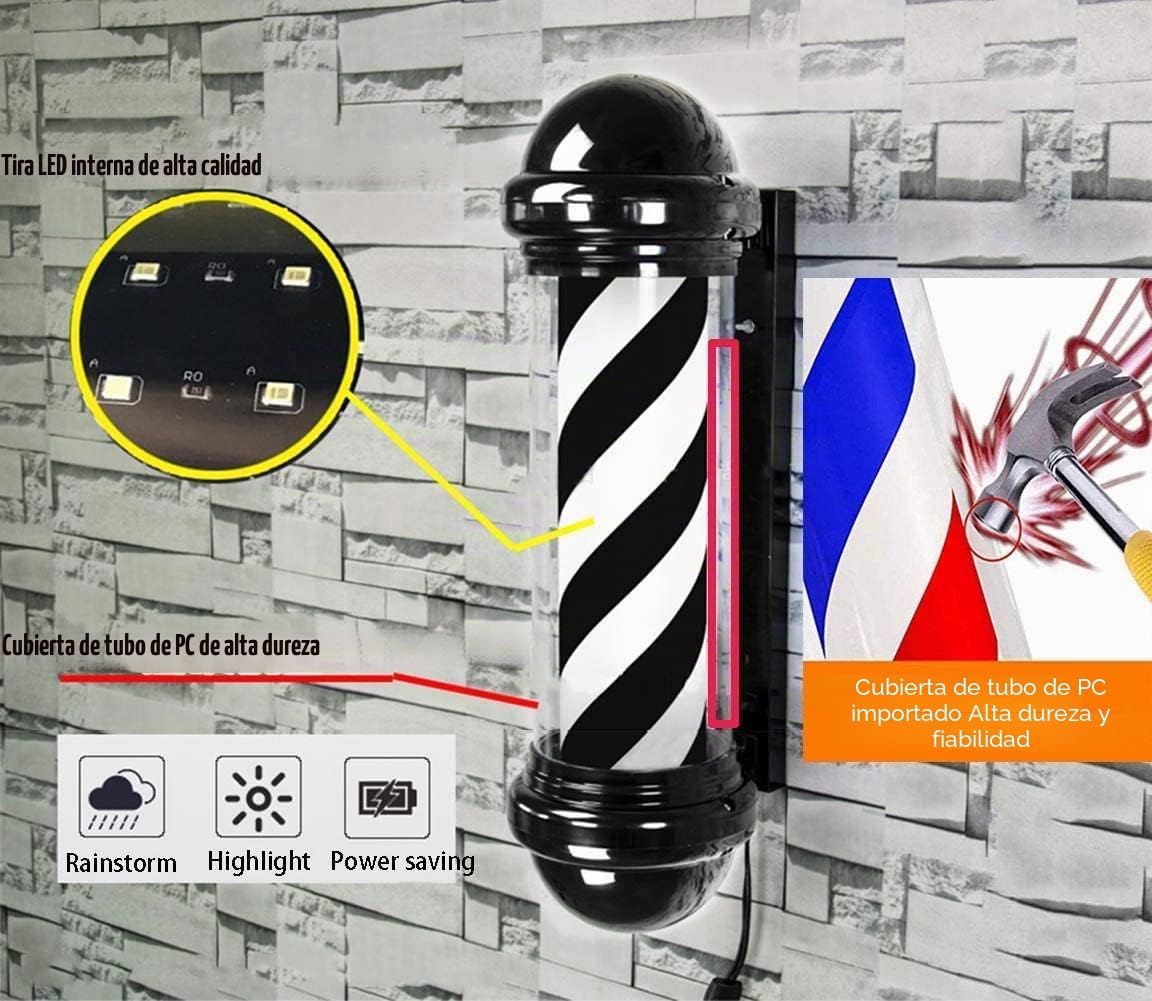 Tiras de Luces Led Blancas y Negras con iluminación giratoria, Poste de Peluquero de 29 ", luz Led para Exteriores, Estilo clásico, peluquería, barbería, Signo 22.10.3