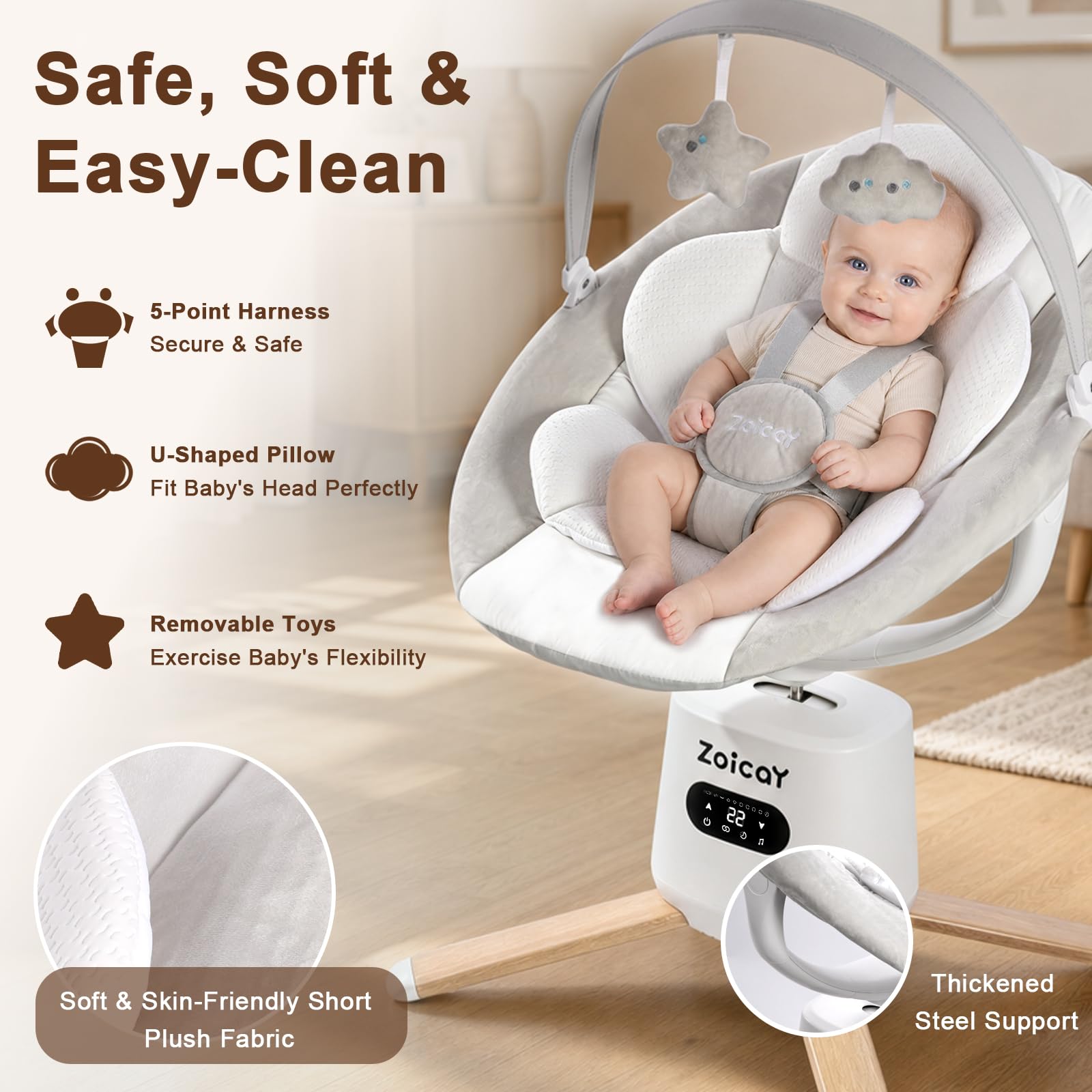 Mecedora Electrica con 9 Modos 8 Velocidades para recién nacido 0-9 Meses | Sillas Mecedora para Bebe 360° Asiento & Inclinación Ajustable, Función de Temporización Música Mando a Distancia y Bluetooth