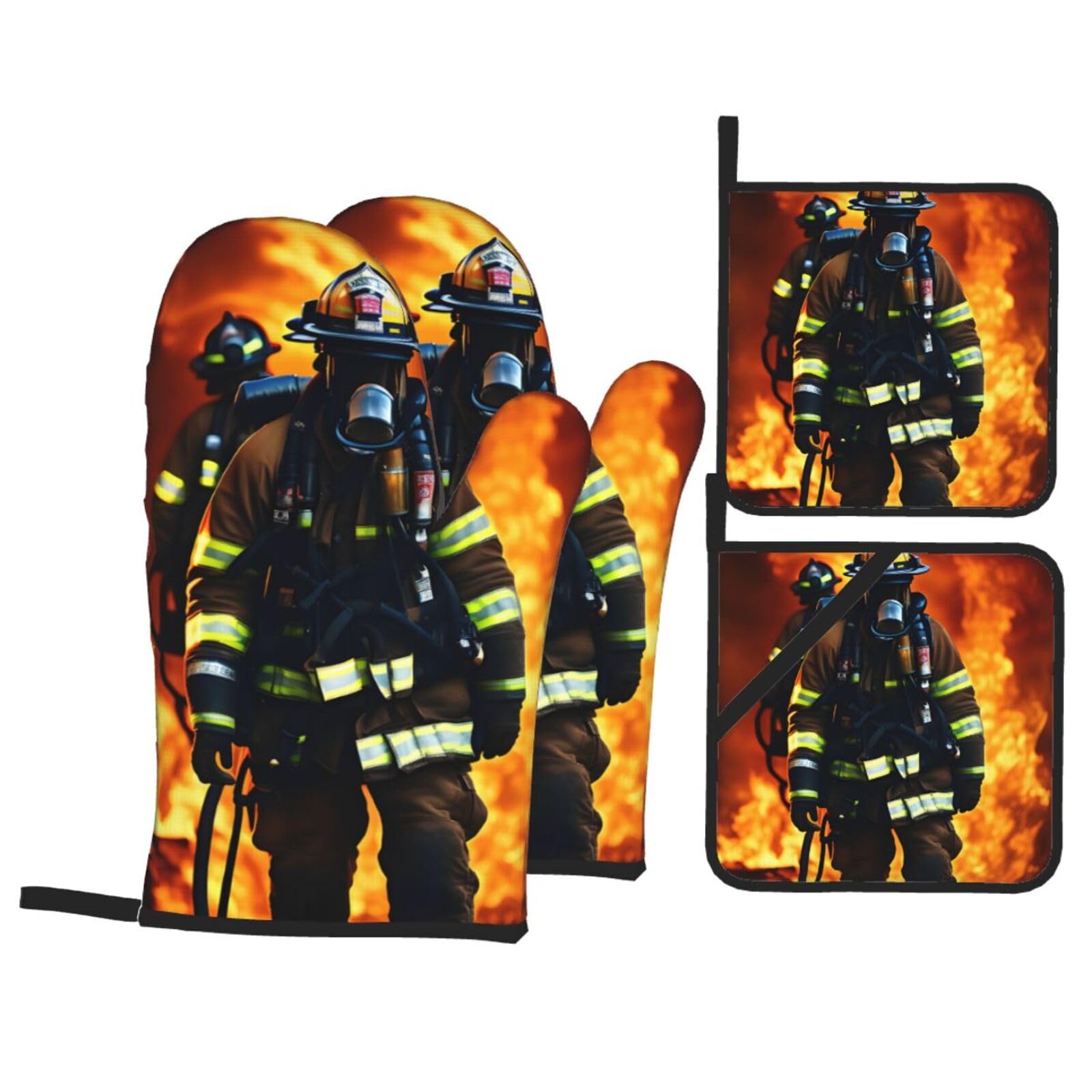 Firefighter Fireman Flame Print 4-Piece Heat-Resistant Oven Waterproof Kitchen Gloves Cooking Roasting Essential