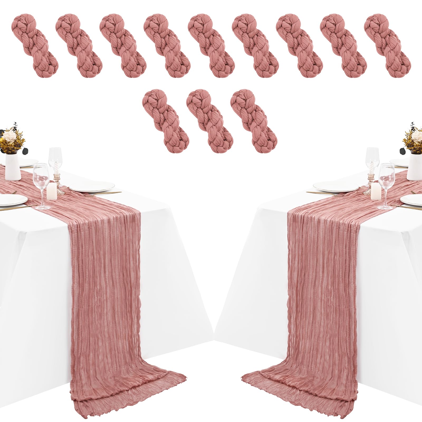 12 Pack Dusty Blush Cheesecloth Table Runner 35x120 Inch 10Ft Gauze Cheese Cloth Table Runner, Boho Rustic Wedding Table Runner for Wedding Bridal Shower Graduation Banquet Table Decorations