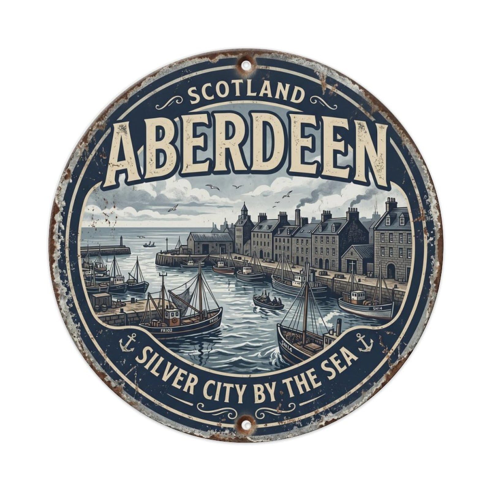 Vintage Travel Aberdeen Granite Harbour Metal Tin Sign Plaque Wall Decor for Cafe, Club Bar, Office, Home Garden Round Metal Poster 8x8Inch