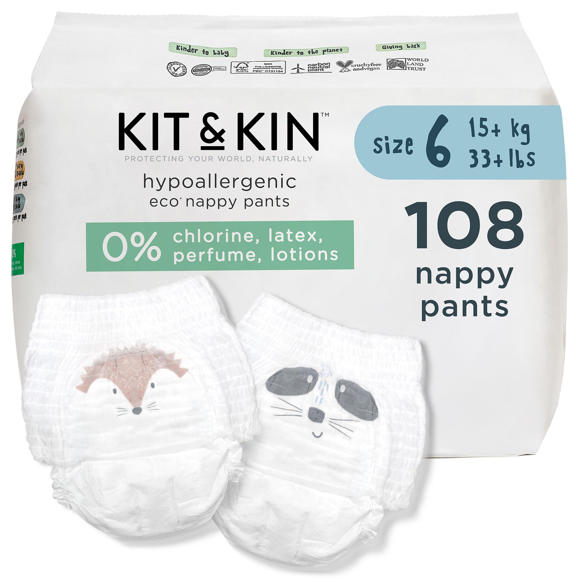 Premium Eco Nappy Pants Size 6 | 15+ kg / 33+ lbs | Maxi Pull Ups | 6 Packs / 108 Pants | Hypoallergenic & Sustainable | Vegan & Chlorine-Free | Superior up to 12 Hour Leak Protection