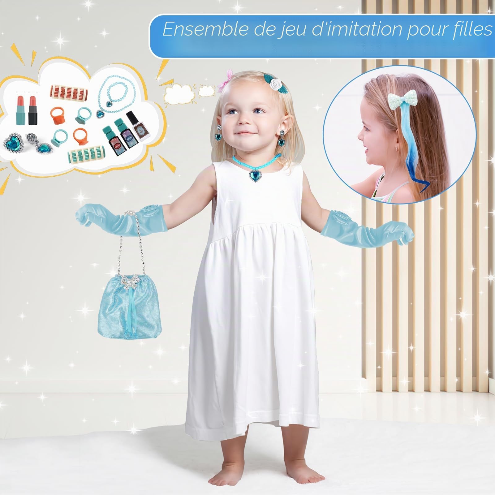 deAO Table De Maquillage pour Fille, Tabouret Et Accessoires Princesse | Coffret Maquillage Enfant Makeup Set avec Coiffeuse Accessoires, Jeu De Role Maquillage Jouets, Jouet pour Fille 3+ Ans Bleu