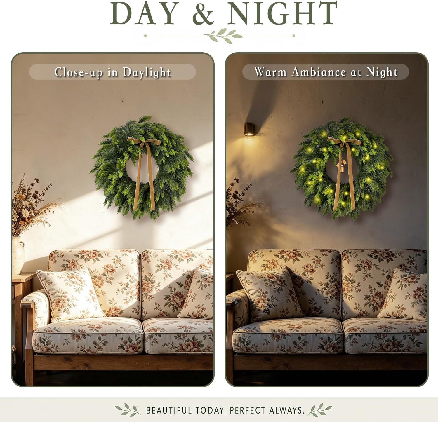 WANNA-CUL 22 Inch Real Touch Christmas Wreath for Front Door with Lights | Soft Artificial Vintage Xmas Wreath with Brown Velvet Ribbon Gold Bells 3M 30 LED Timer for Mantel Fireplace Holiday Decor