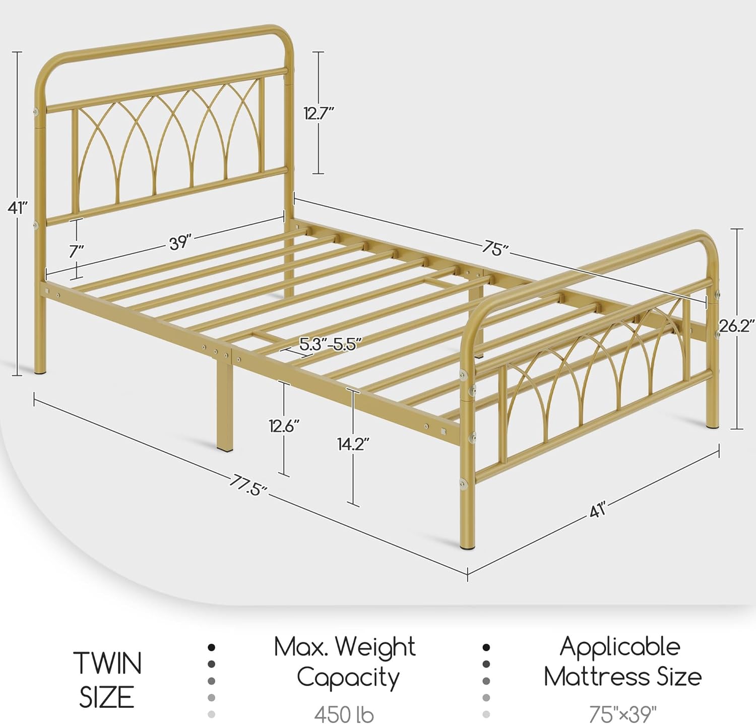 Dimensions and specifications diagram for Yaheetech Twin Bed Frame