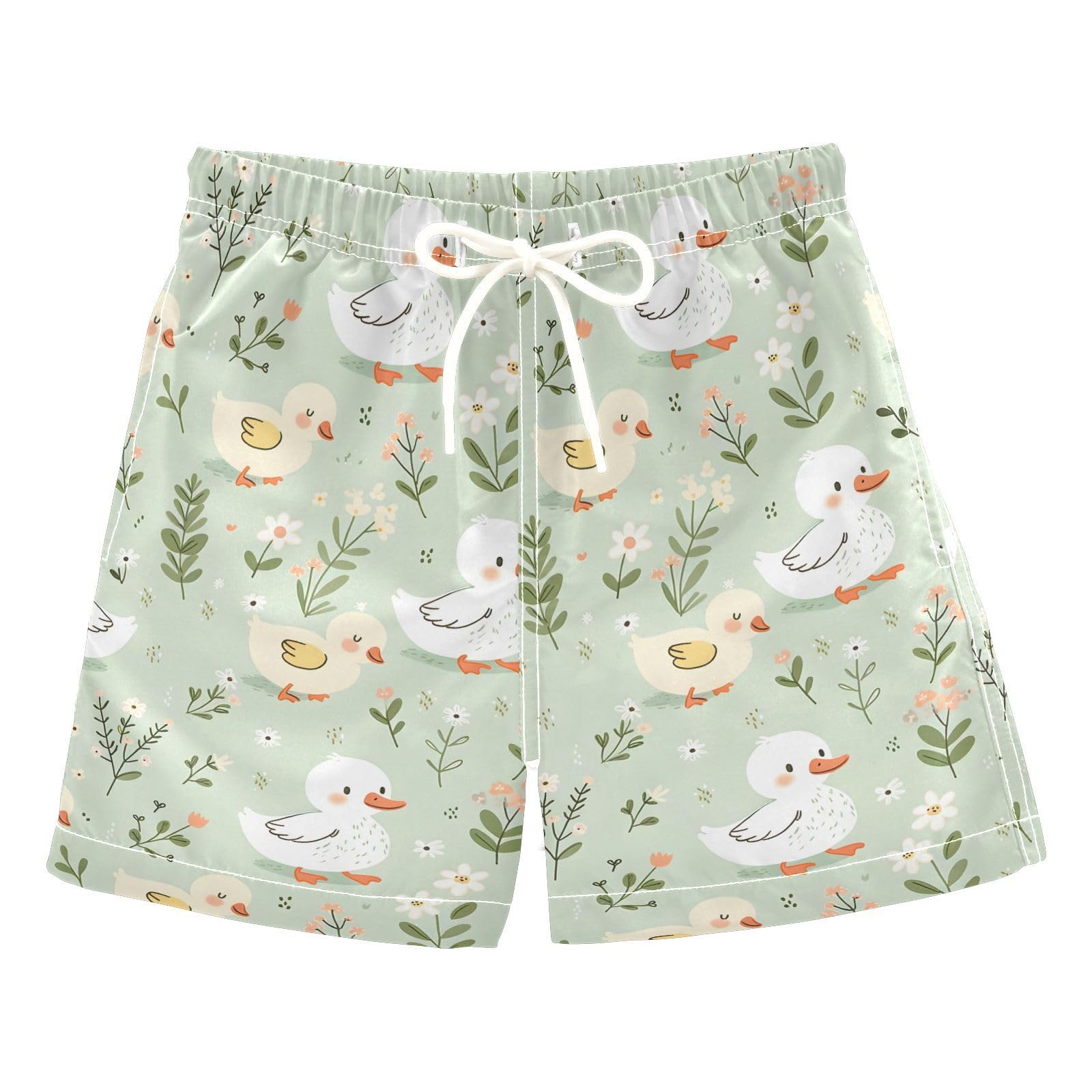 ALAZA Cartoon Duck Green Leaves Flower Boys' Swim Trunks Beach Shorts Quick Dry Swimsuit 4T