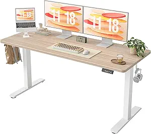 TIQLAB Electric Standing Desk, Adjustable Height Stand up Desk, 63 * 24 Inches Sit Stand Home Office Table with Splice Board, Light Walnut