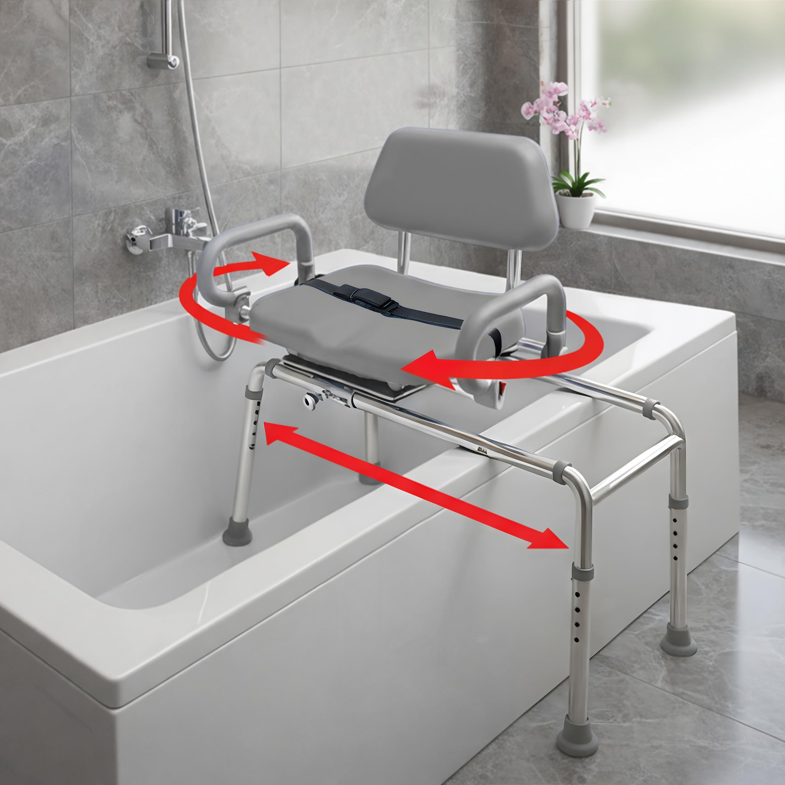 Banco de Transferencia Deslizante de carrusel con Asiento Giratorio. Silla de baño y Ducha Acolchada Brazos pivotantes. Diseño de Ahorro de Espacio para bañeras y duchas.