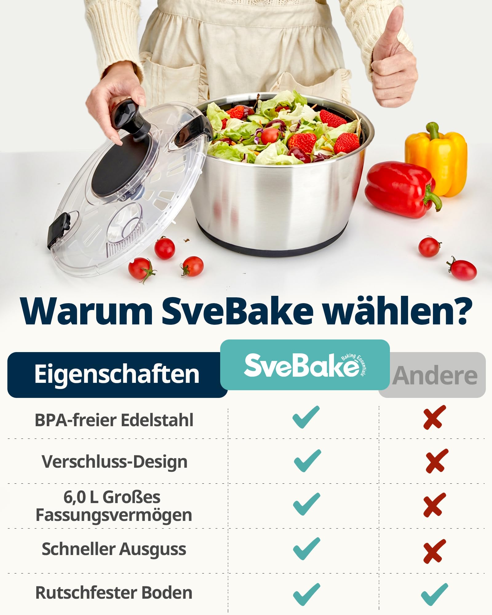 Salatschleuder Edelstahl 18/10 mit Kurbelantrieb, 6L große Salatschüssel mit Deckel, rutschfest & spülmaschinengeeignet – Salad Spinner für Salat, Gemüse, Obst
