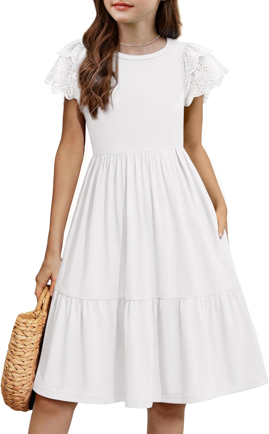 Arshiner Girls Summer Dresses Casual Flutter Sleeve A-Line Midi Dress with Pockets for 6-14 Years