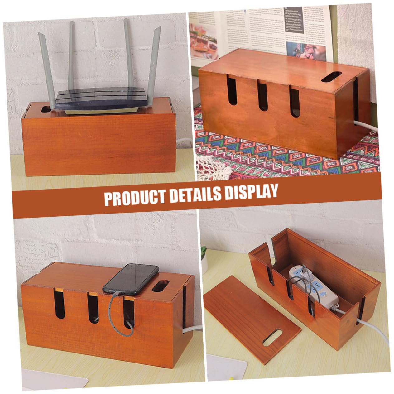 Hemobllo Boîte de Rangement Câbles en Bois Marron Multifonctionnelle pour Bureau, Organisateur de Cordon d'alimentation Design Moderne Simple et Élégant