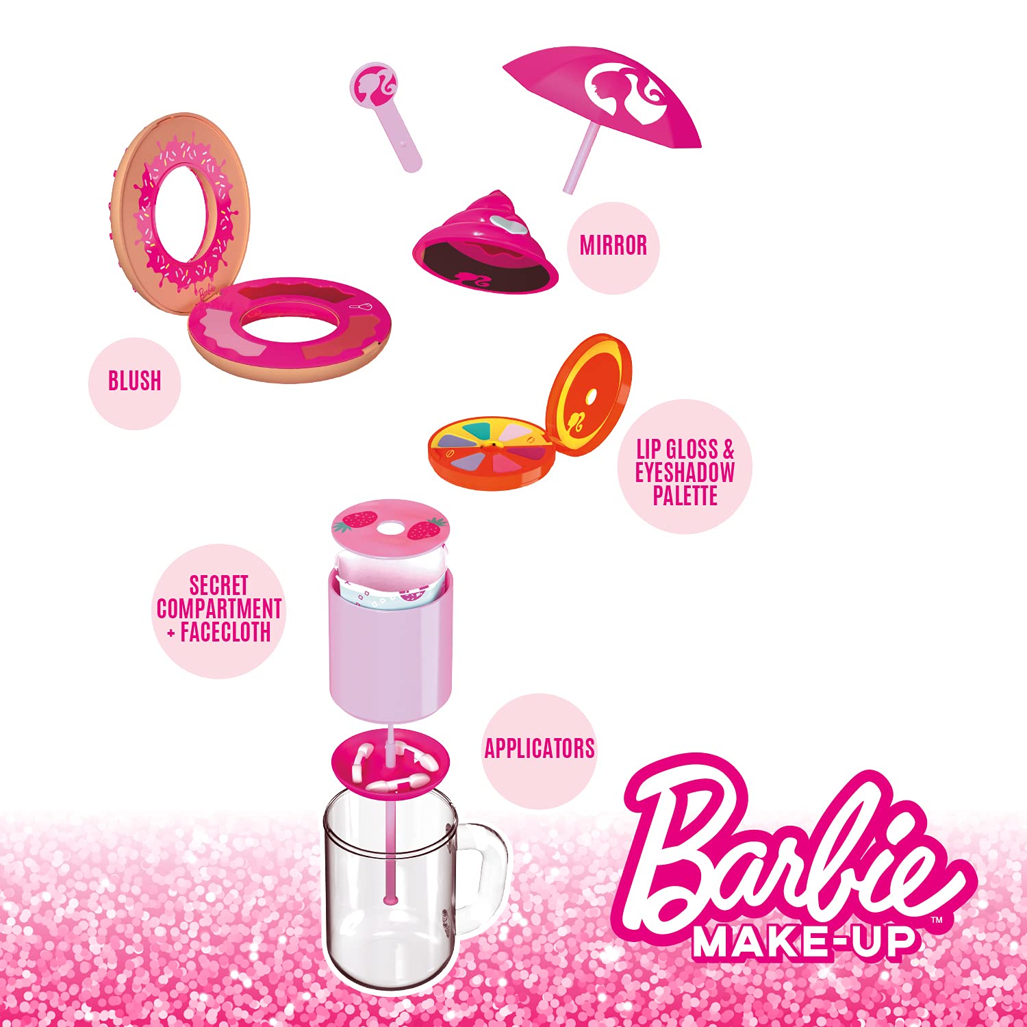 Mondo Barbie Freakshake 40004, zestaw do makijażu/plażowy, 2-14 lat, w zestawie 3 błyszczyki do ust, 3 zwężone róże, 3 aplikatory, 1 ściereczka, 1 tajna komora