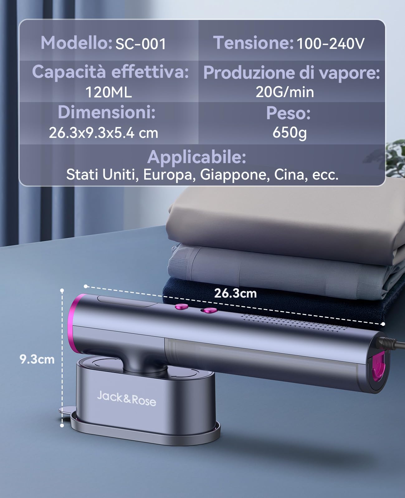 Ferro da stiro da viaggio, 100-240 V Doppia tensione Steamer, 1000W Vapore grande 22 g/min Ferro da Stiro Portatile, 15s rapido riscaldamento per il Global viaggio