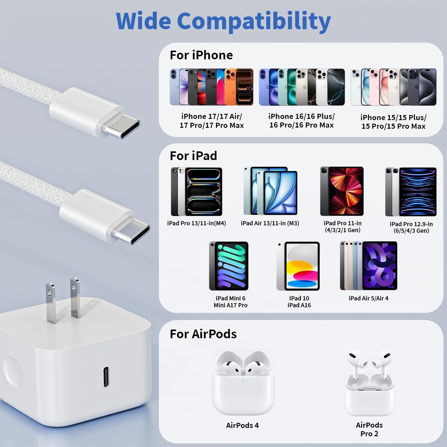 40-60W USB C Charger iPhone 17 Fast Charging,2 Pack 40W Foldable Dynamic USB C Power Adapter with 60W Max&6FT Type C- C Charging Woven Cable for iPhone 17 Air/17 Pro Max/16/16 Pro/15/iPad Pro/Air/Mini