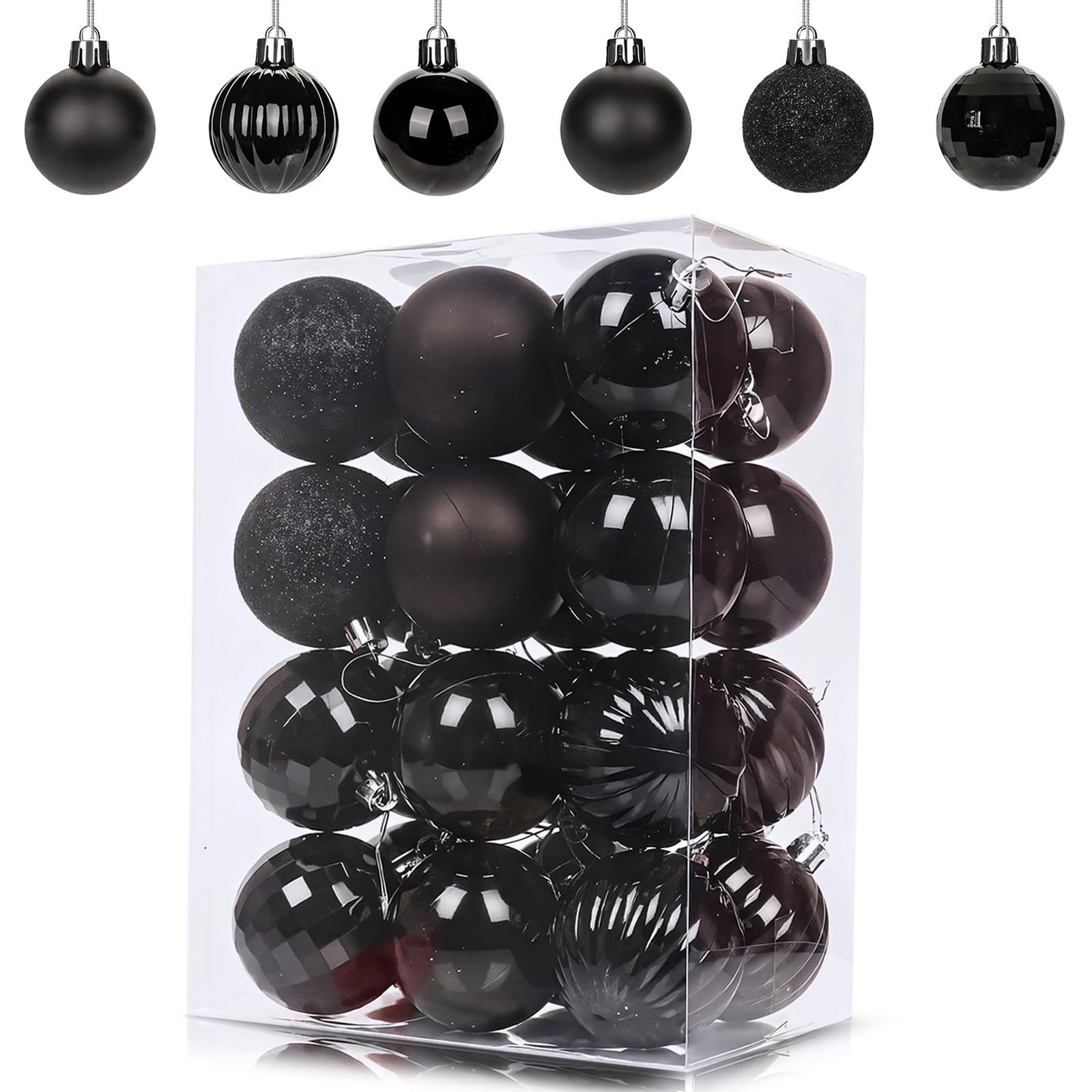 24Pcs Black Baubles for Christmas Tree Decorations,60mm/2.36" Large Xmas Bauble Hanging Ball,Christma Balls Ornaments with String,Shatterproof Black Christmas Baubles for Xmas Tree Holiday Party Decor