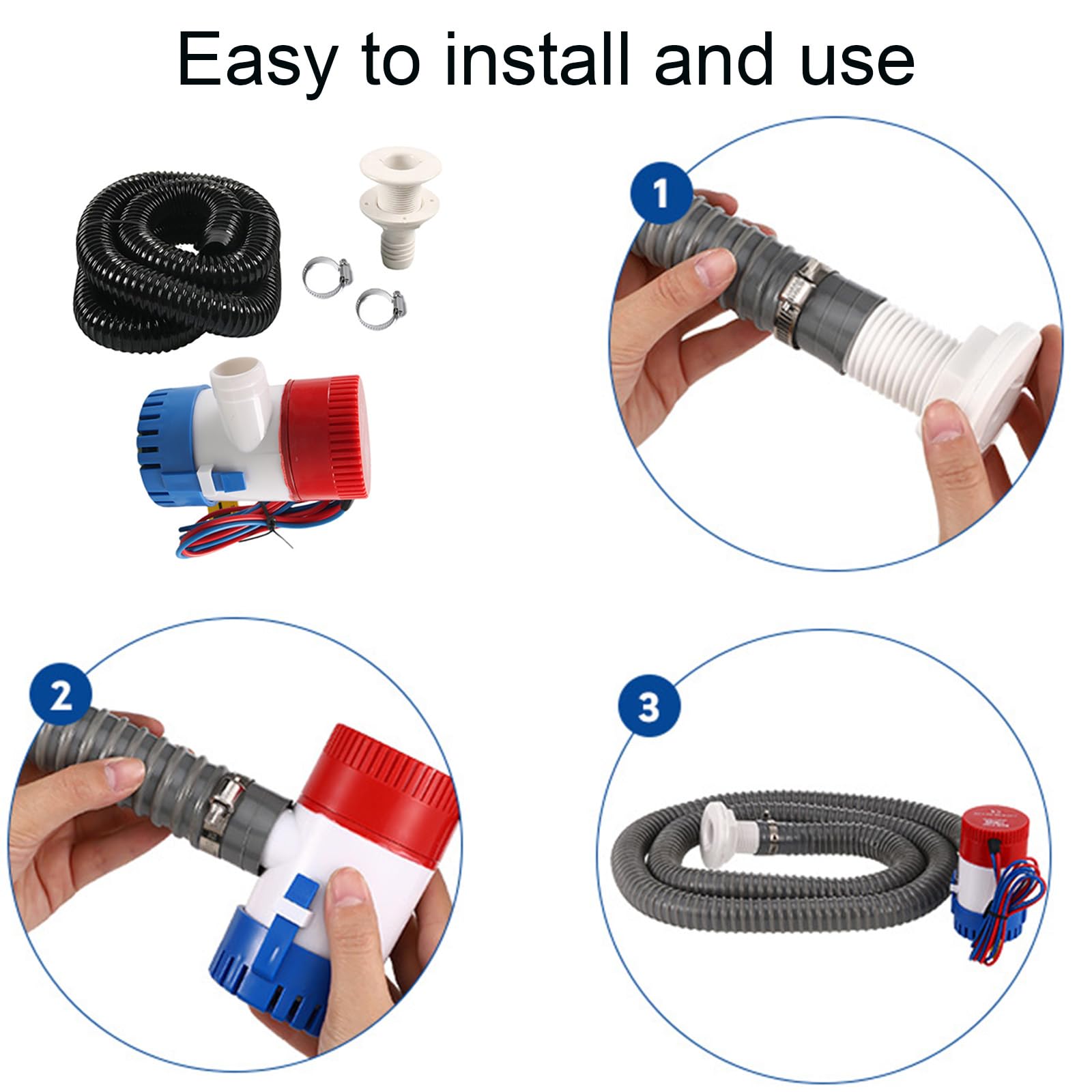 1100 GPH 12V Boat Bilge Pump Kit With 1-1/8" 6FT Kink-Resistant