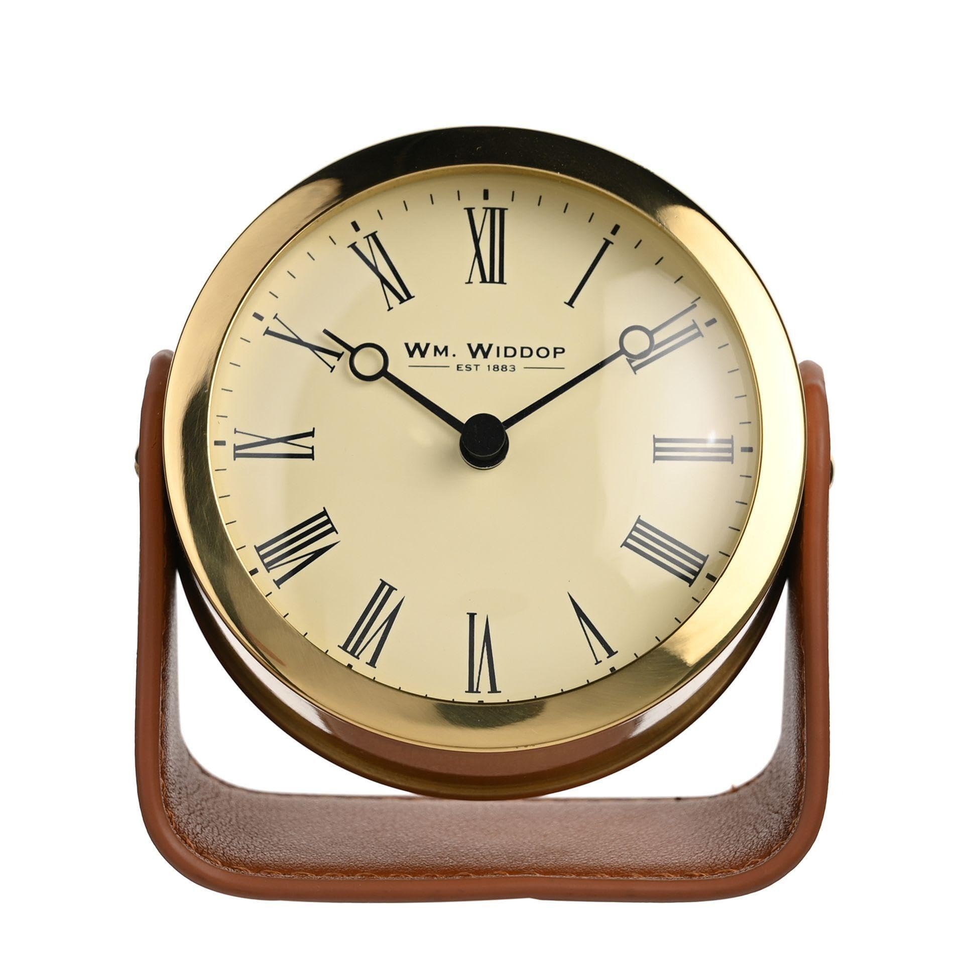 Gold Mantel Clock on Brown Leather Stand Wm Widdop W2942