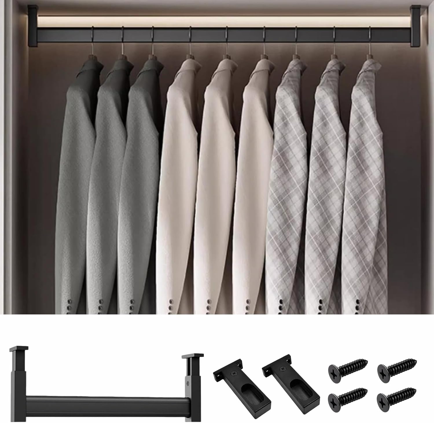 Top-Mounted Closet Rod Bracket Set, 58cm Non-Slip Aluminum Alloy Wardrobe Hanging Bar for Bedroom, Bathroom & Kitchen - Stylish Black Valet Rail