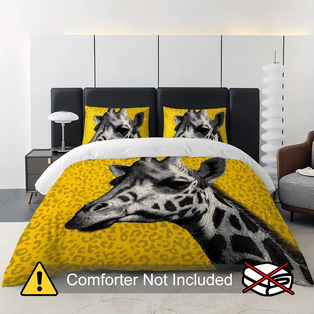 3-częściowy komplet pościeli 200 x 200 cm, żyrafa, kreatywny motyw zwierzęcy, miękka poszewka na kołdrę dla dorosłych, dzieci, żółta poszewka na kołdrę i 2 poszewki na poduszkę 80 x 80 cm, na łóżko