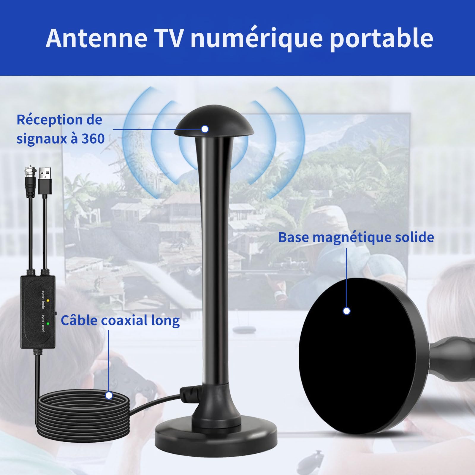 Antenne TV Intérieure - Amplificateur Antenne TV Portée Étendue Et Rotation à 360° - Base Magnétique Puissante - Réception TNT Performante Et Compatibilité Avec Tous Les Téléviseurs