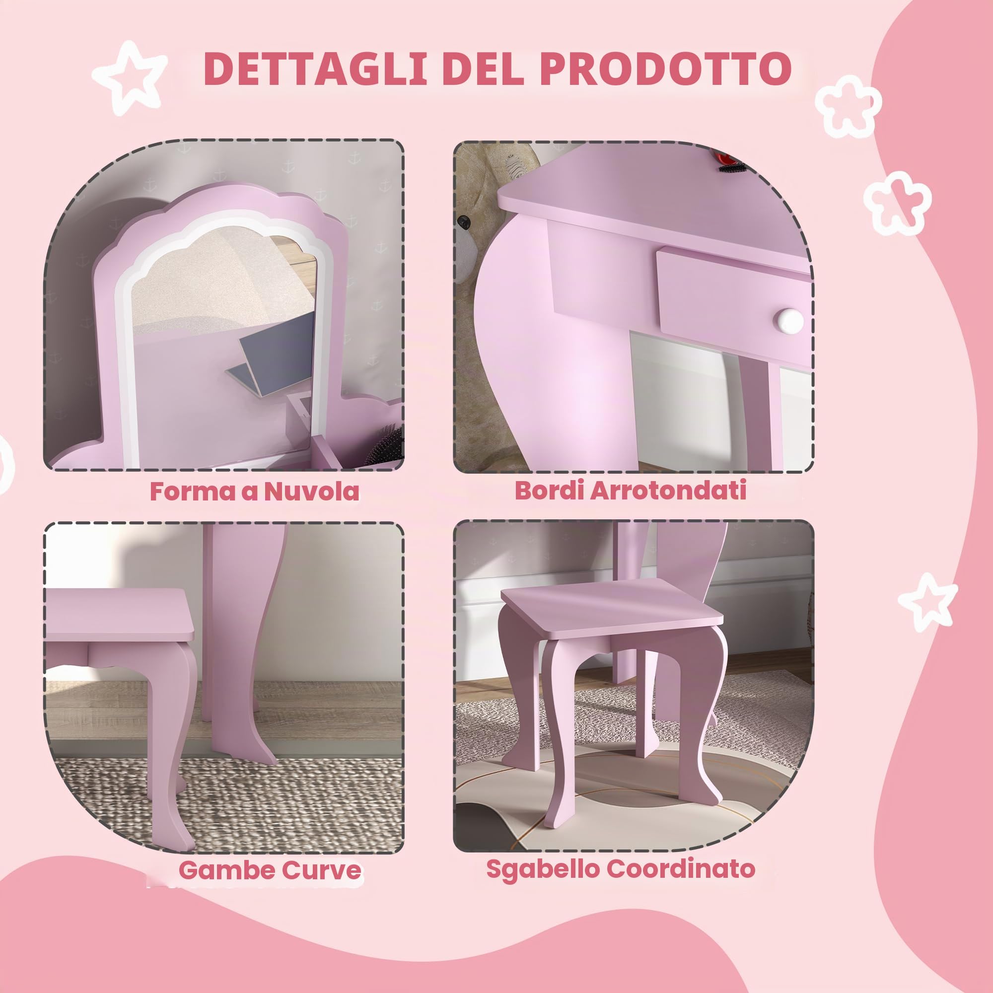ZONEKIZ Set Toeletta con Specchiera Trucco per Bambina con Sgabello Abbinato, Tavolo Toeletta in Legno con Cassetto e Contenitori, Specchio a Nuvola, Rosa