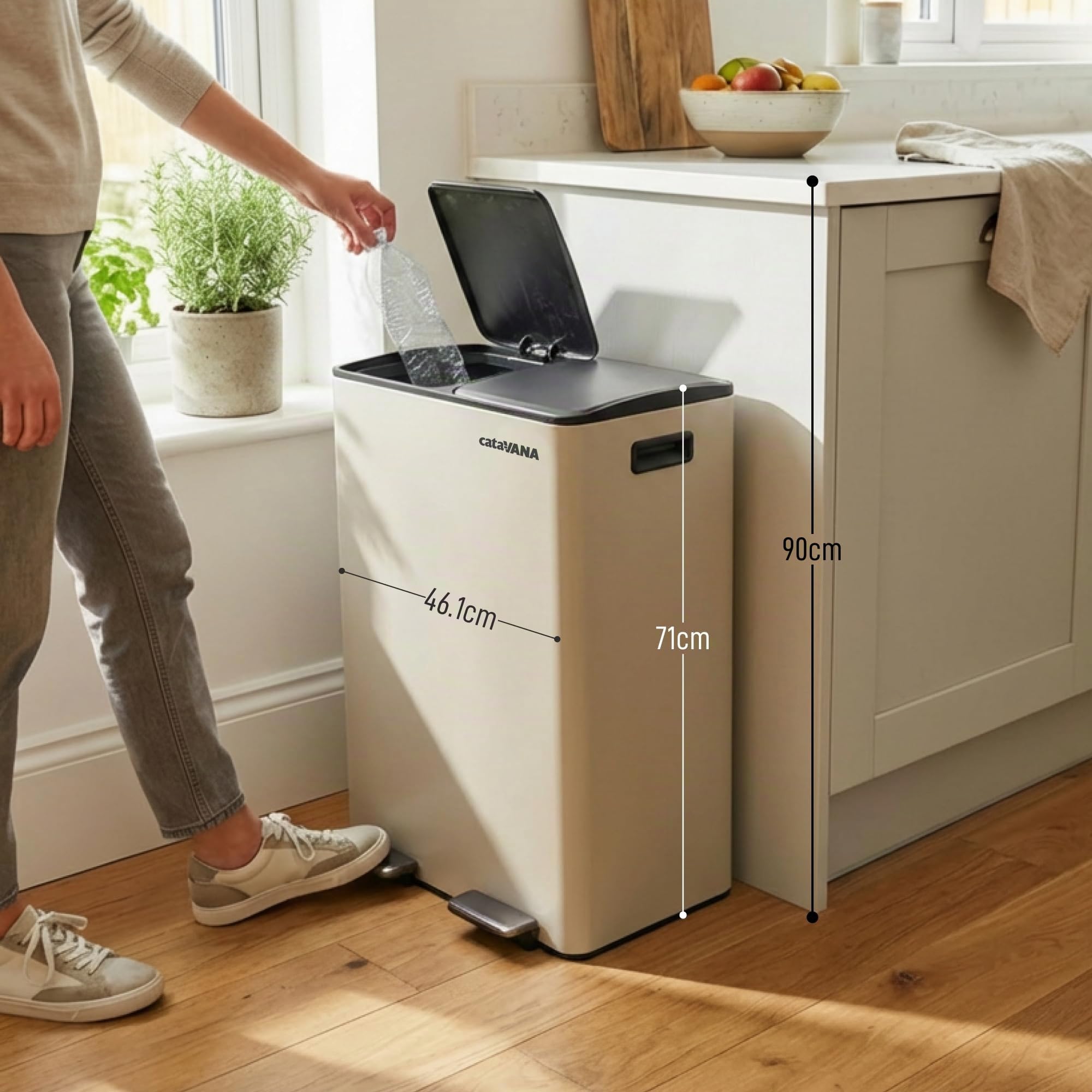 CATAVANA Papelera de cocina de clasificación selectiva 2 x 30 L - Doble compartimento 60 L - Papelera moderna para reciclaje - Diseño elegante - Beige