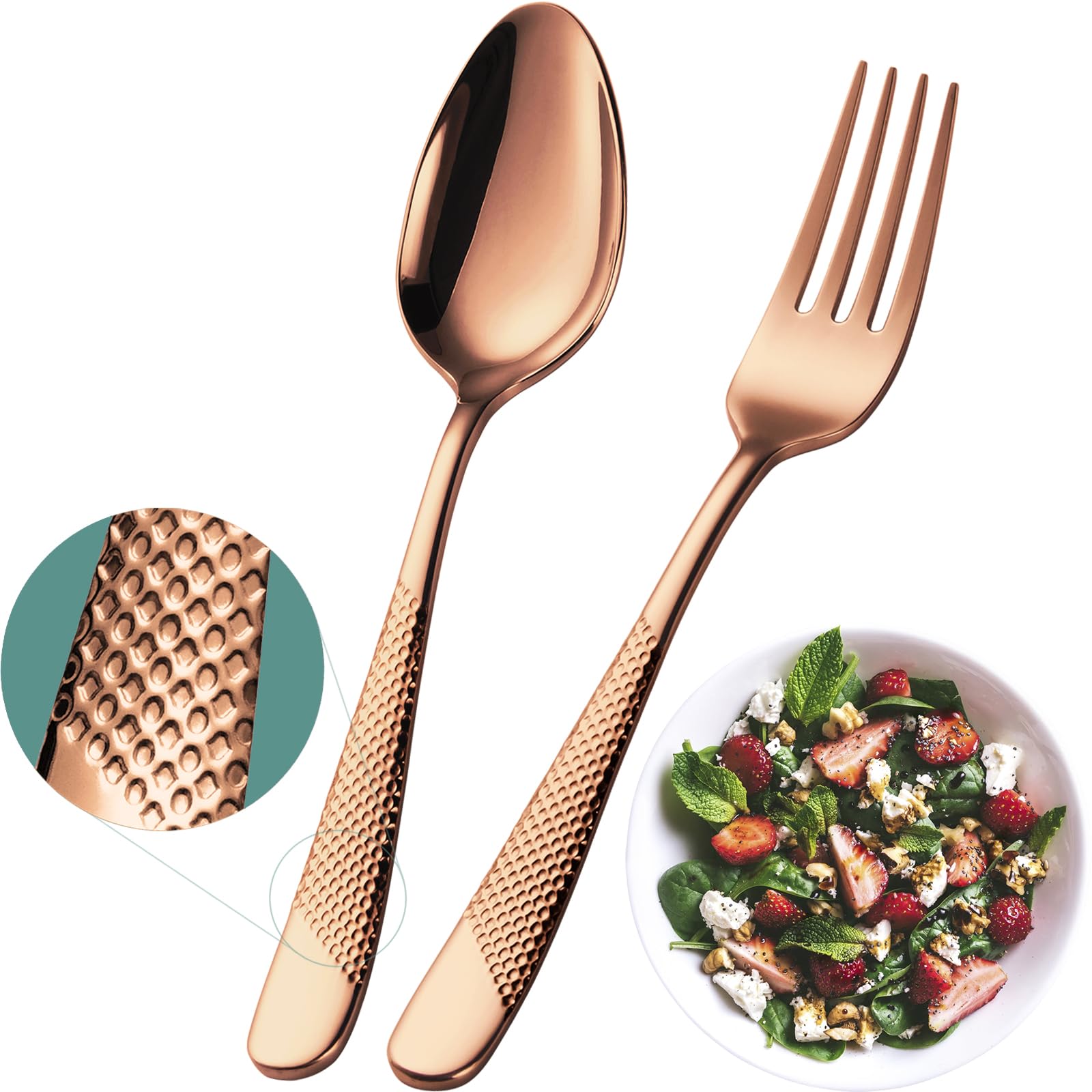 24 Stück Premium Löffel und Gabeln Besteck Set (17cm) - 18/10 Edelstahl Mittelgroße Tafellöffel/DessertLöffel/Suppenlöffel/Esslöffel & Gabel Set, Rutschfest Gehämmert