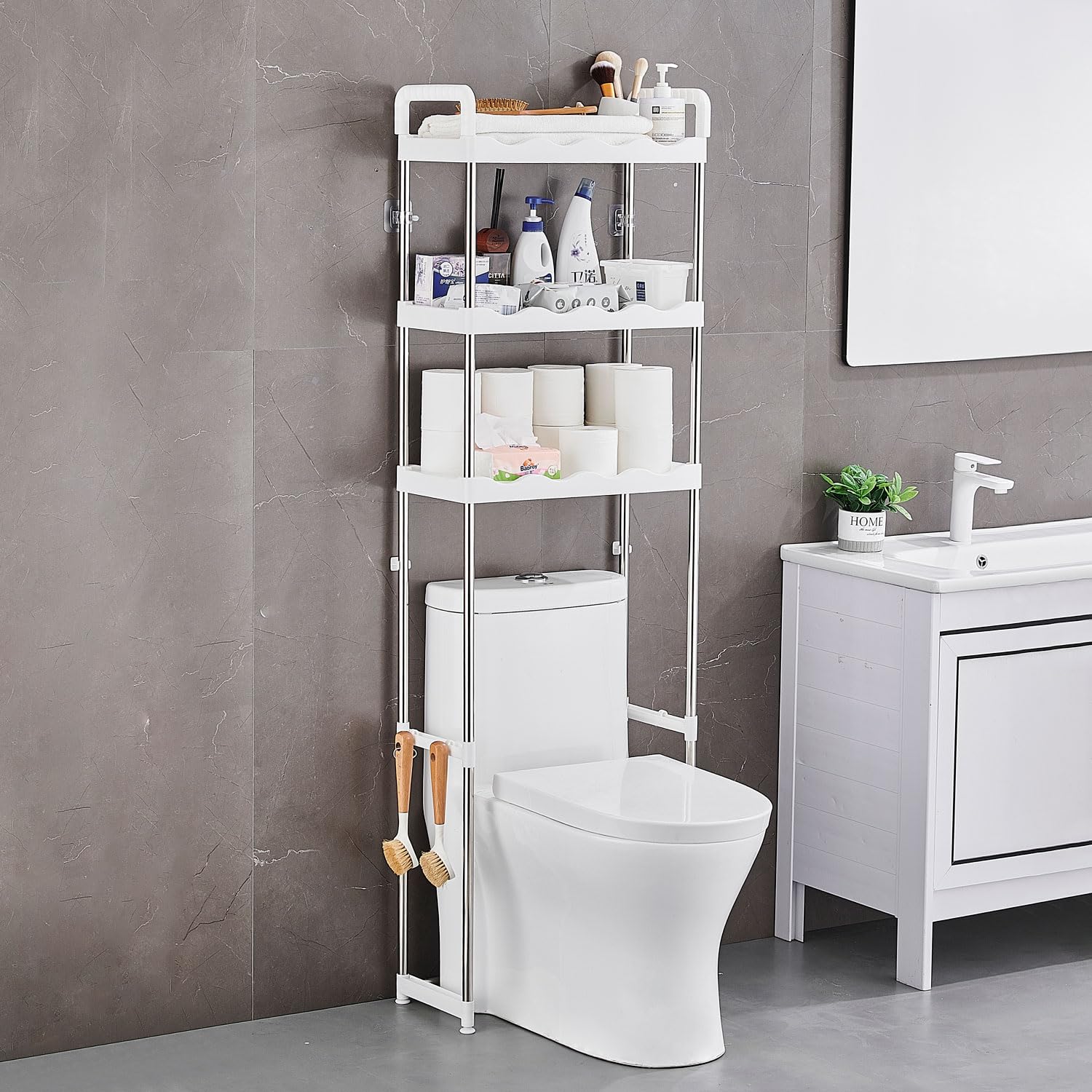 Toilettenregal, 3-stufiges Aufbewahrung über der Toilette, Freistehendes Waschmaschinenregal aus Metall, Platzsparendes WC Regal Toilettenschrank für Bad, Toilette, Waschküche, Weiß