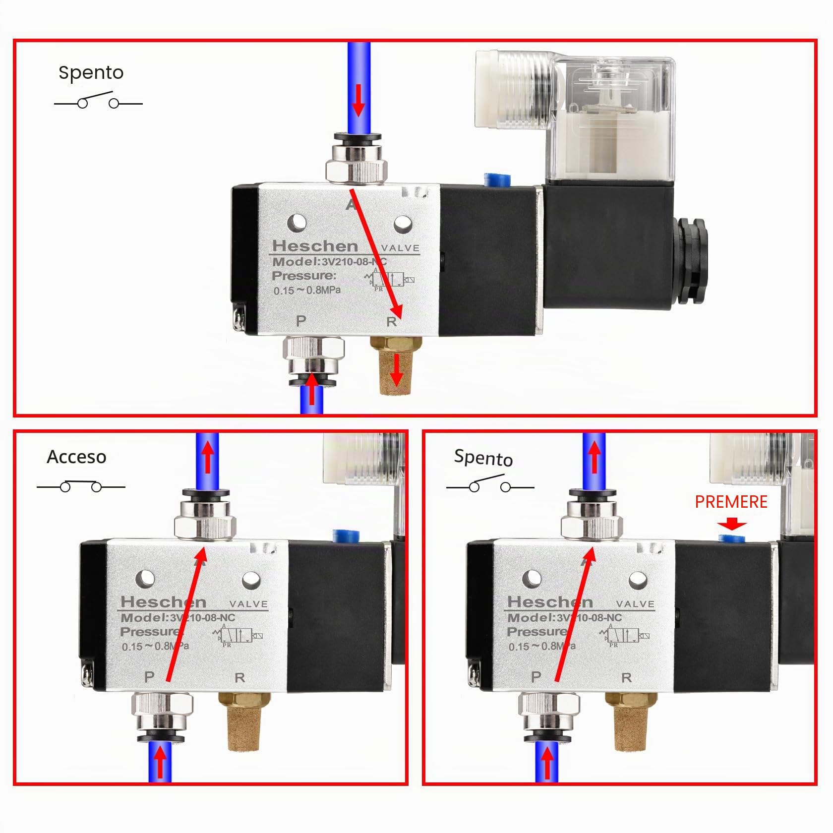 Heschen Elettrovalvola pneumatica elettrica 4, 3V210-08, DC24 V, PT1/4, 3/2 vie, kit di collegamento rapido silenziatore base collettore (4 stazioni)