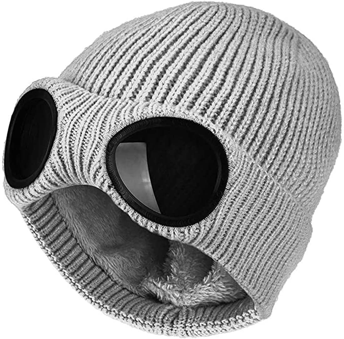 XRDSS Unisex Goggle Beanie Knitted Winter Chunky Beanie Hat (Grey)