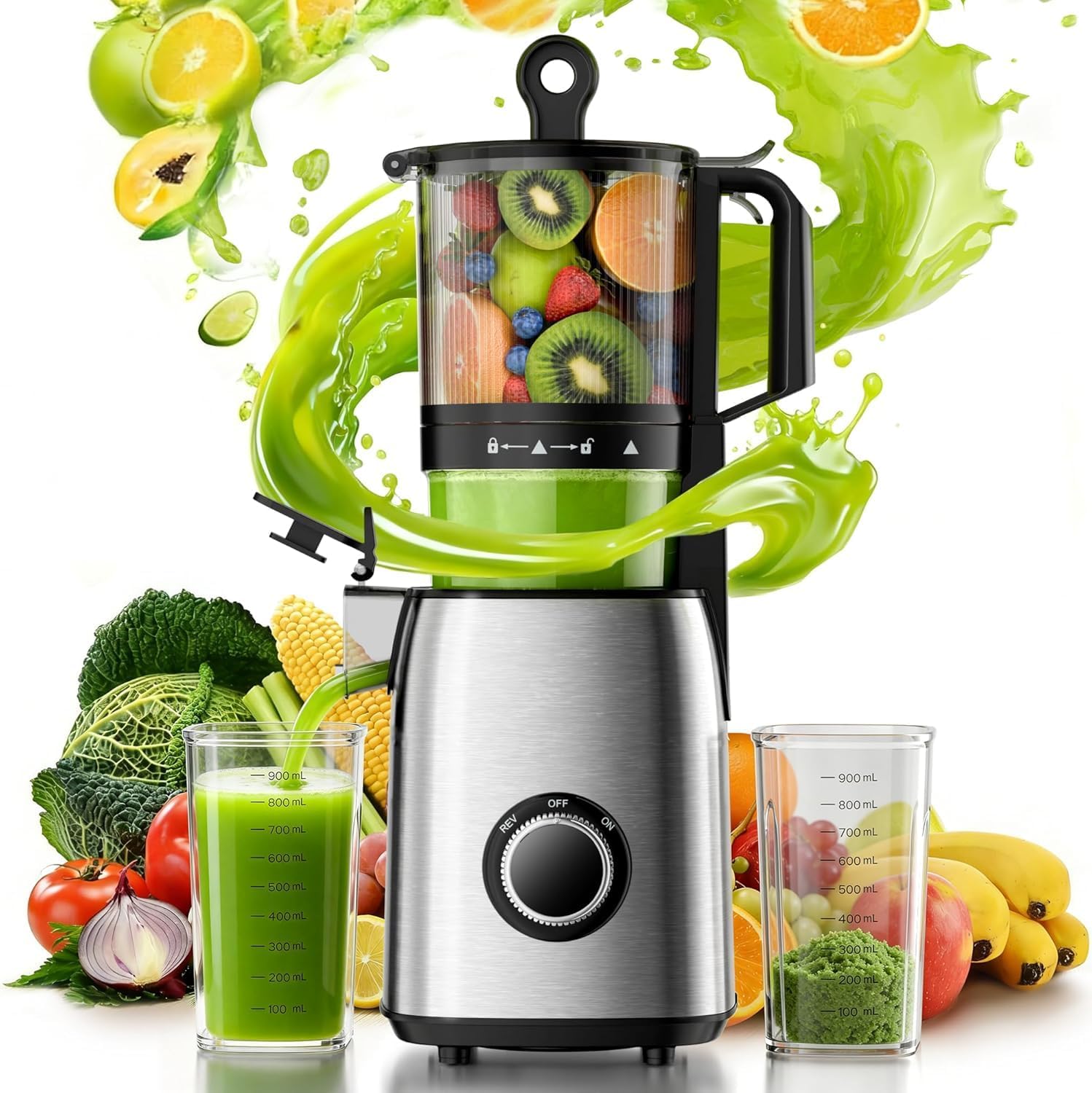 Kismile Cold Press Juicer Machine, Stainless Steel Slow Masticating Juicer with 5.6" Wide Feed Chute, High Juice Yield for Fruits & Vegetables, Includes 1.2L Pulp Bin & 1L Juice Cup