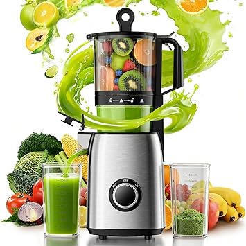 Kismile Cold Press Juicer Machine, Stainless Steel Slow Masticating Juicer with 5.6" Wide Feed Chute, High Juice Yield for Fruits & Vegetables, Includes 1.2L Pulp Bin & 1L Juice Cup