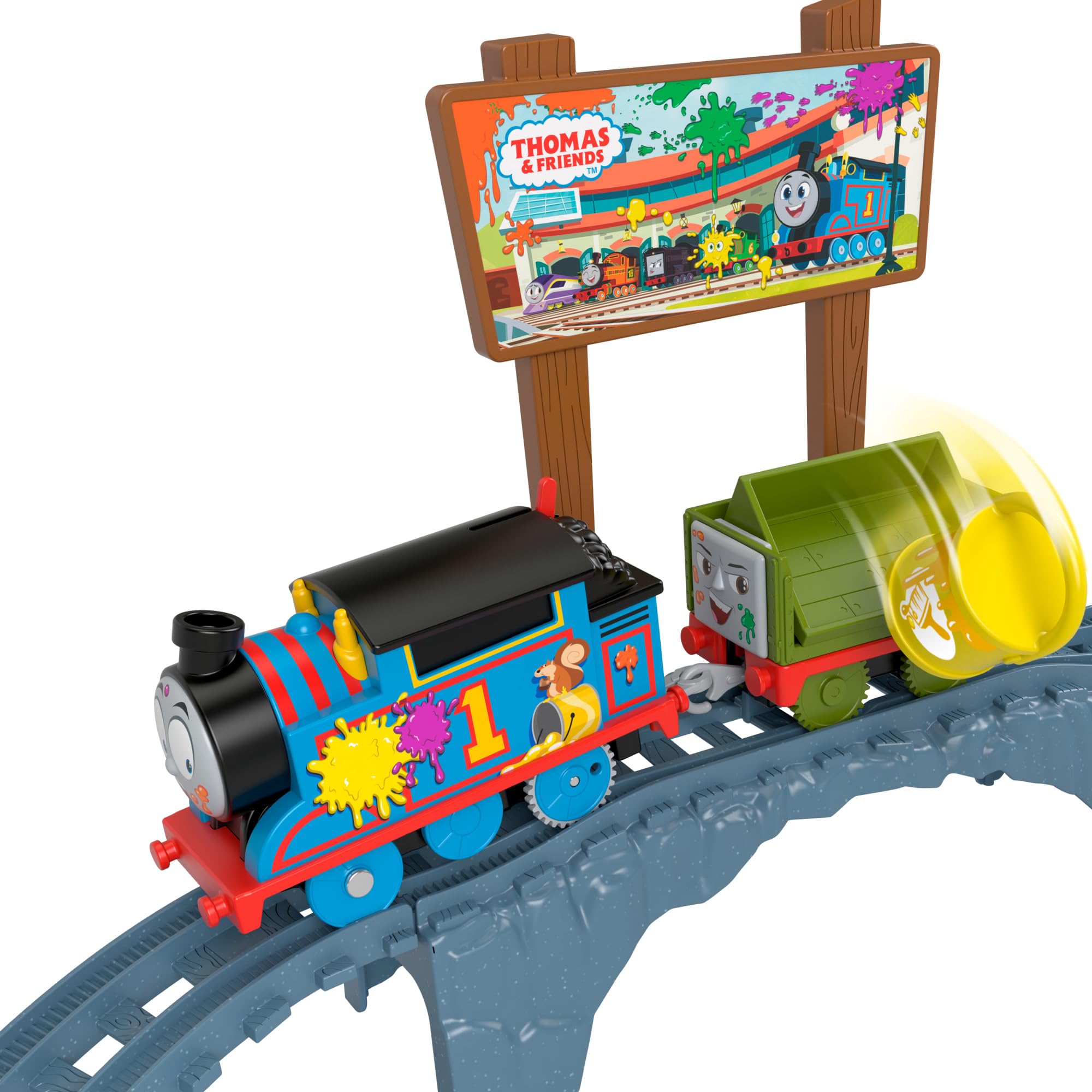 Thomas y sus amigos Reparto de pintura, Set de juego con locomotora motorizada, vagón y vías para tren de juguete, 15 piezas, juguete regalo para niños y niñas +3 años, HTN34