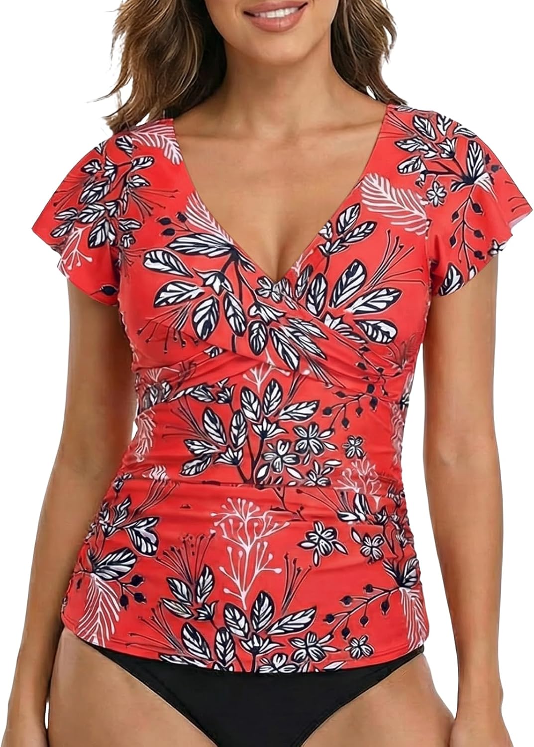 Hilor Women's Underwire Tankini Top Tummy Control Bathing Suits Short Sleeve Tankini Swimsuit Tops Only - Image 2