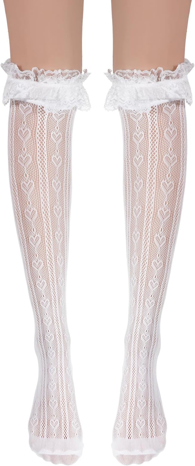 Lace Knee High Socks, Thigh High Stocking with Lace Trim, White Laces Socks Women, Knit Knee Highs with Laces Ruffle